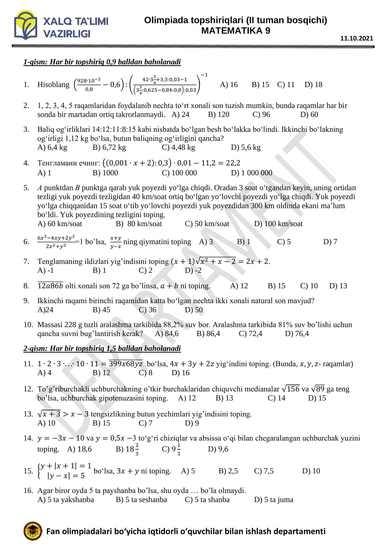 Matematika dan tuman Olimpiada savollari