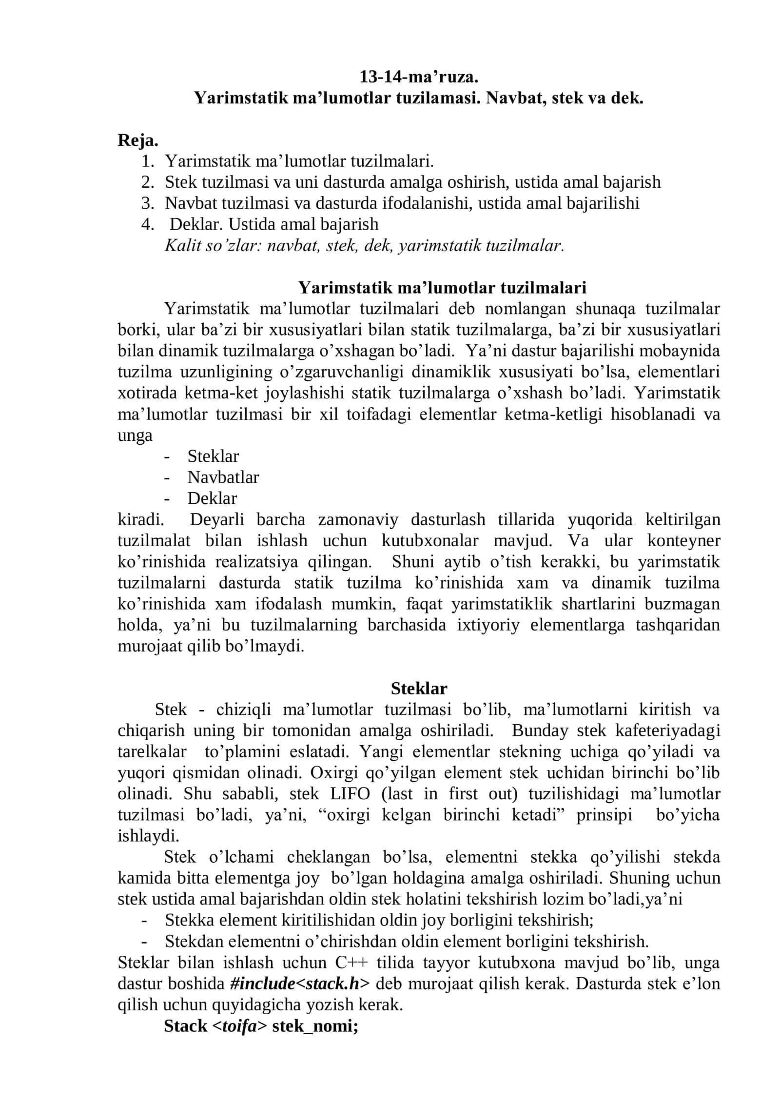 Yarimstatik ma’lumotlar tuzilamasi. Navbat, stek va dek