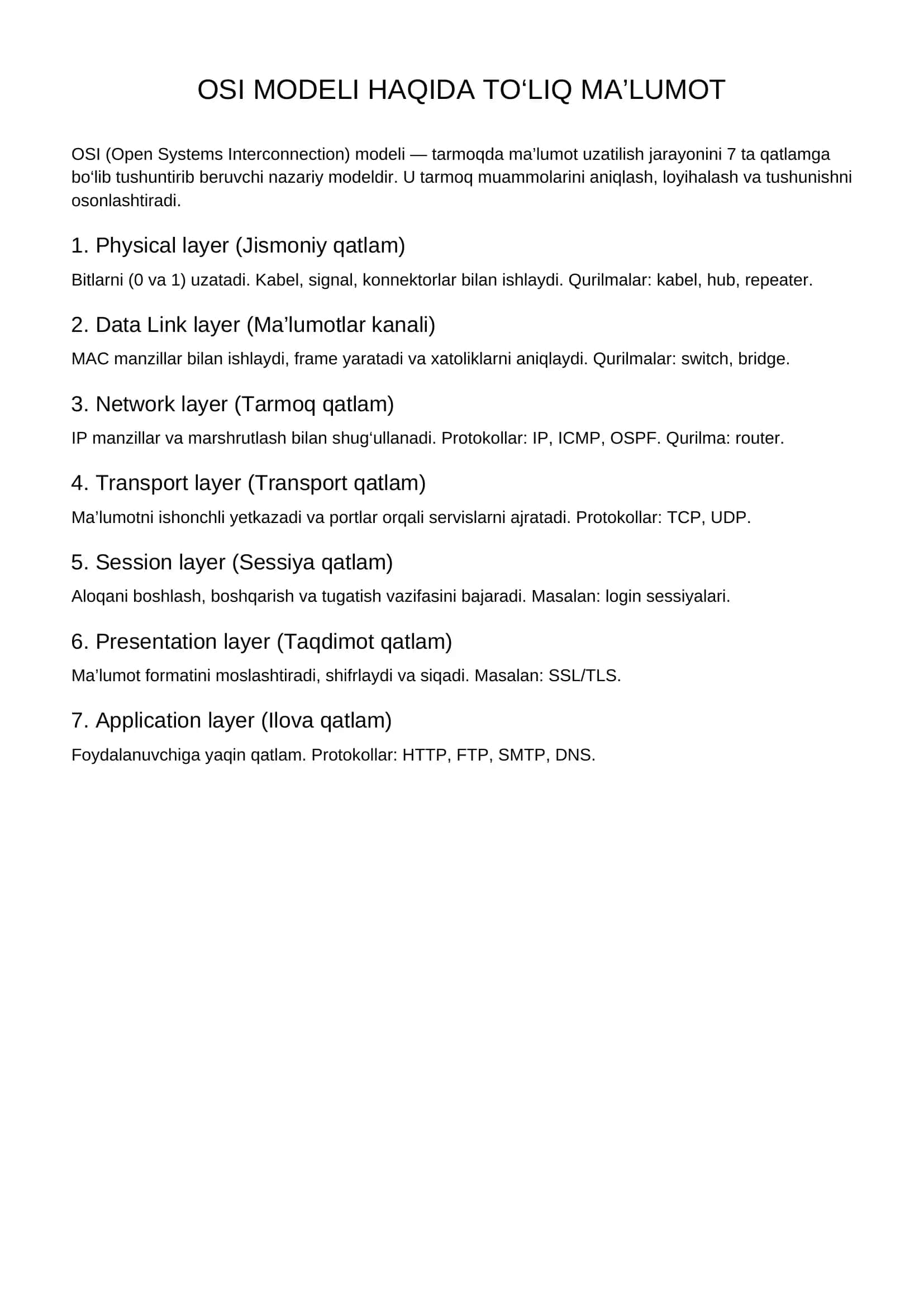 Osi modeli haqida ma'lumot