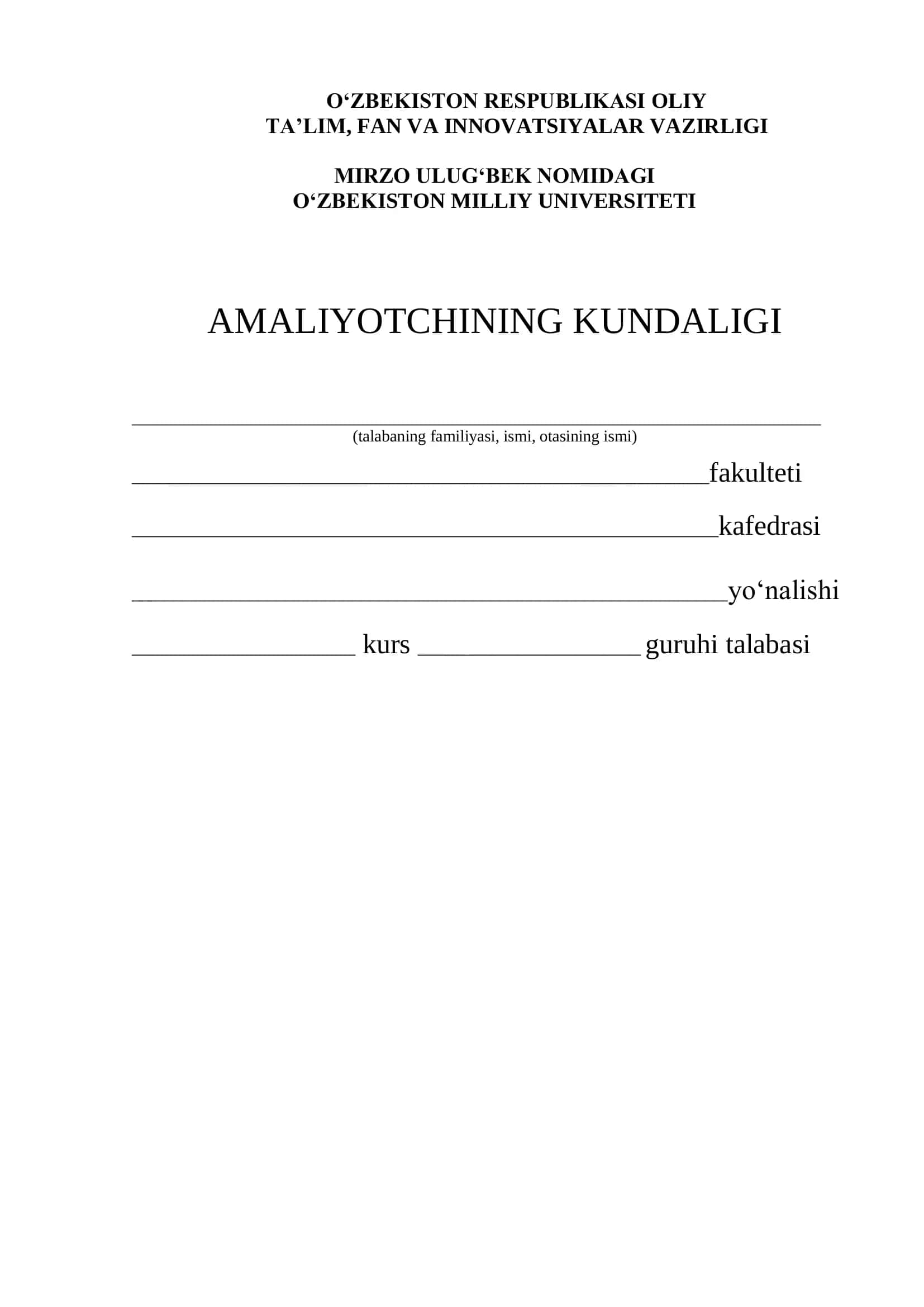 universitet talabalari uchun Amaliyotchining Kundaligi blankasi 1