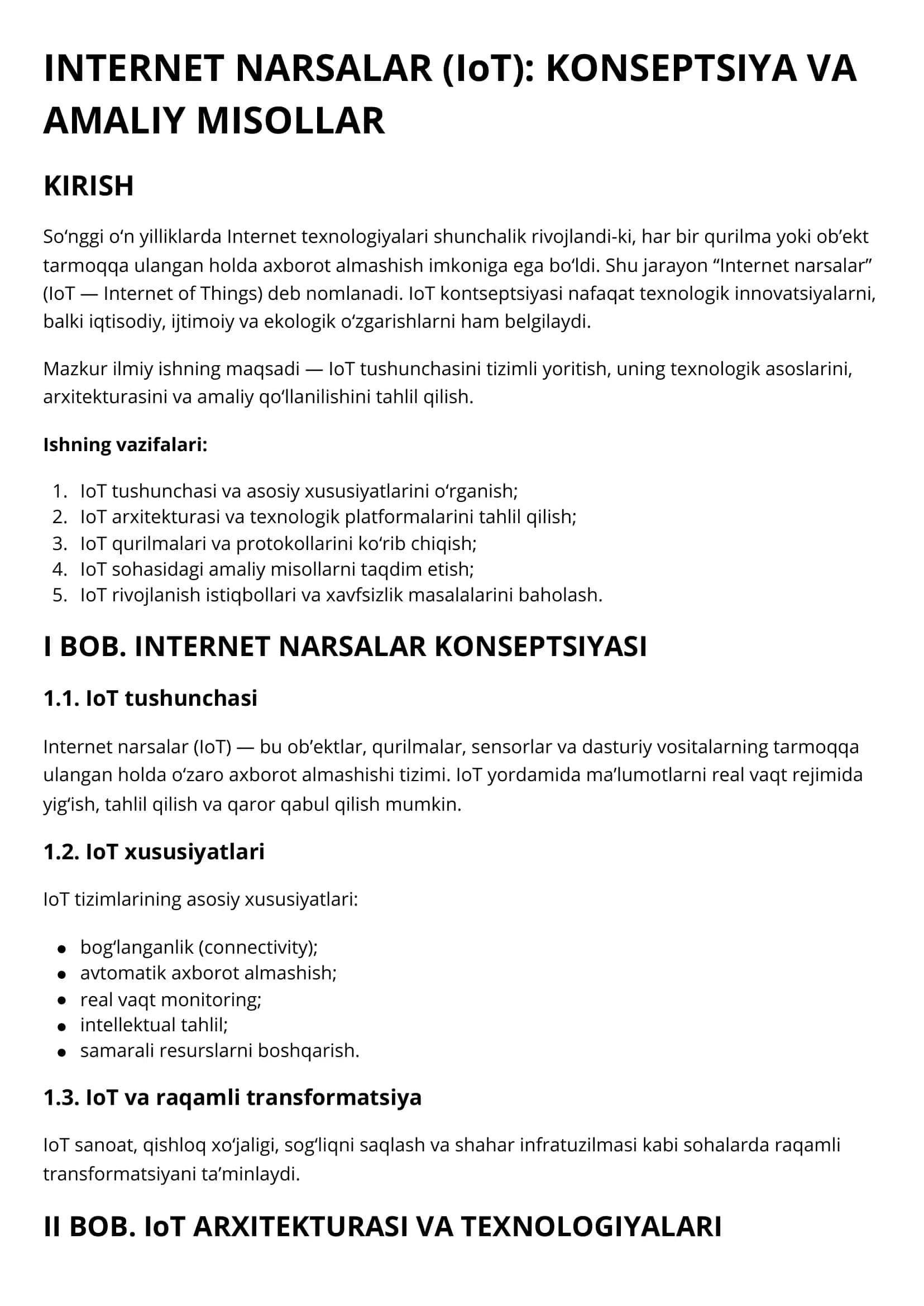 INTERNET NARSALAR (IoT): KONSEPTSIYA VA AMALIY MISOLLAR
