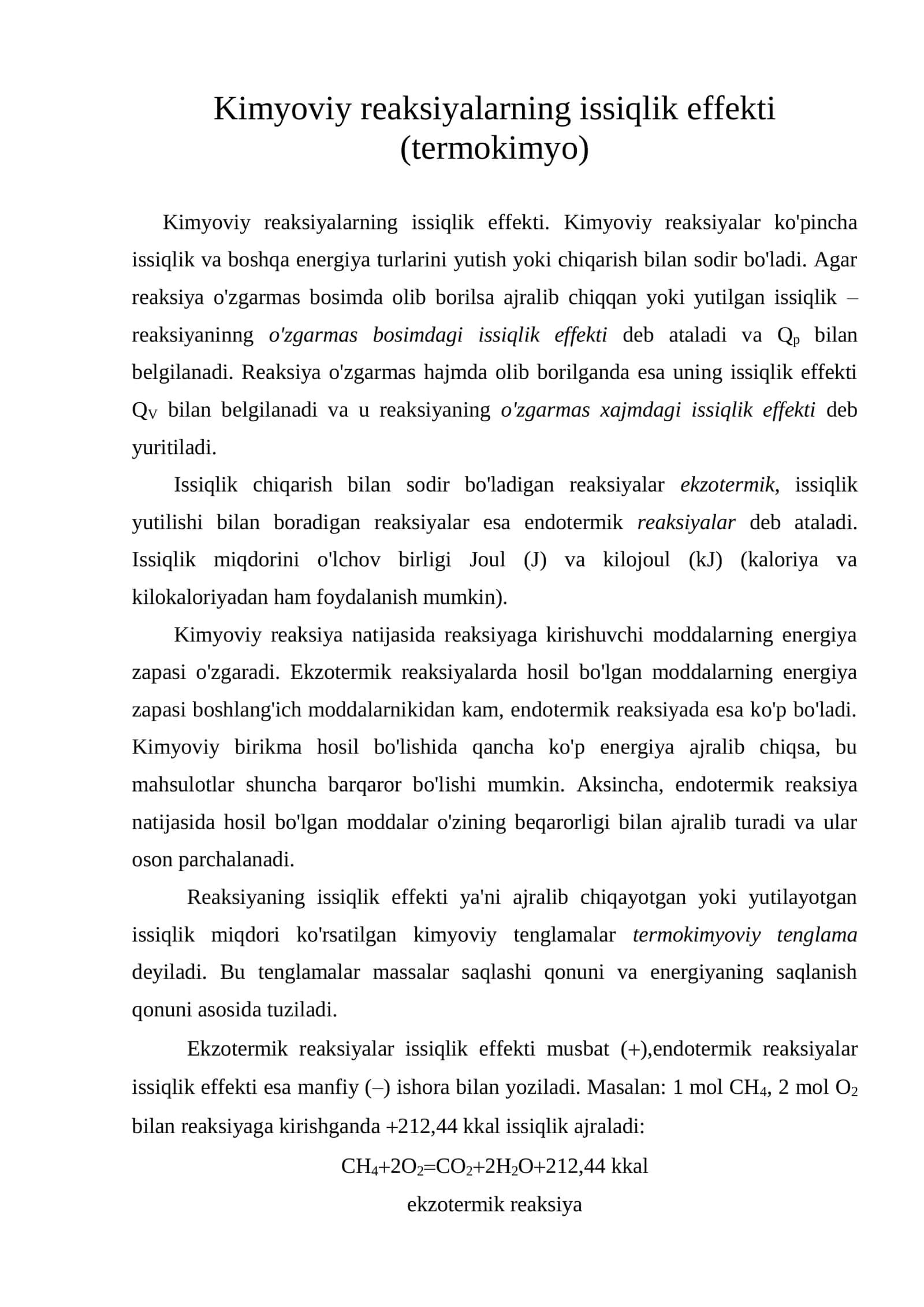 Kimyoviy reaksiyalarning issiqlik effekti (termokimyo)