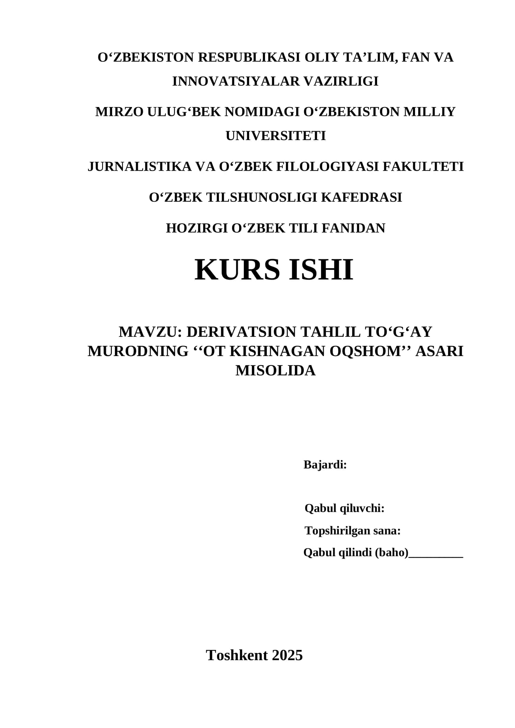 DERIVATSION TAHLIL TO‘G‘AY MURODNING ‘‘OT KISHNAGAN OQSHOM’’ ASARI MISOLIDA