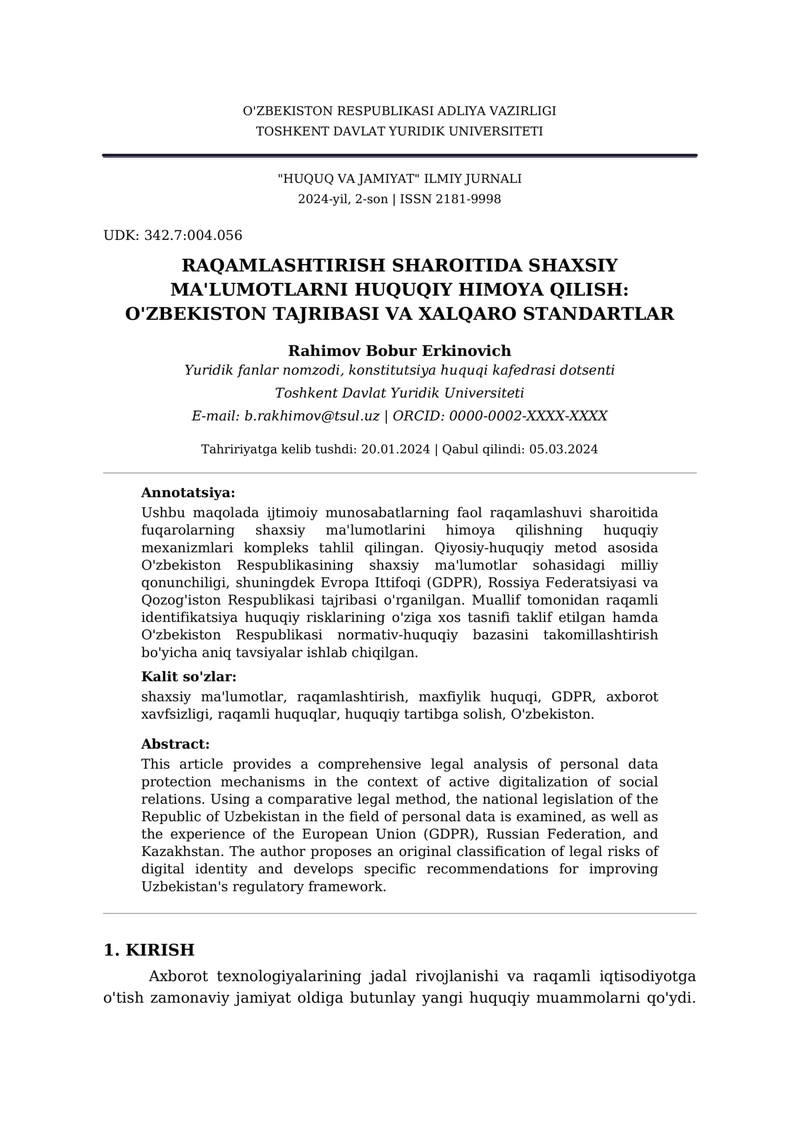 O'ZBEKISTON RESPUBLIKASI ADLIYA VAZIRLIGI TOSHKENT DAVLAT YURIDIK UNIVERSITETI "HUQUQ VA JAMIYAT" ILMIY JURNALI