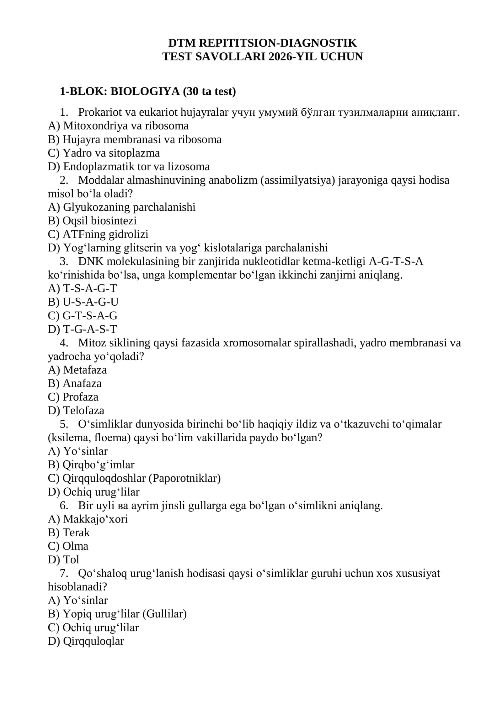 DTM repititsion-diagnostik testlar 2026-yil Biologiya-Geografiya