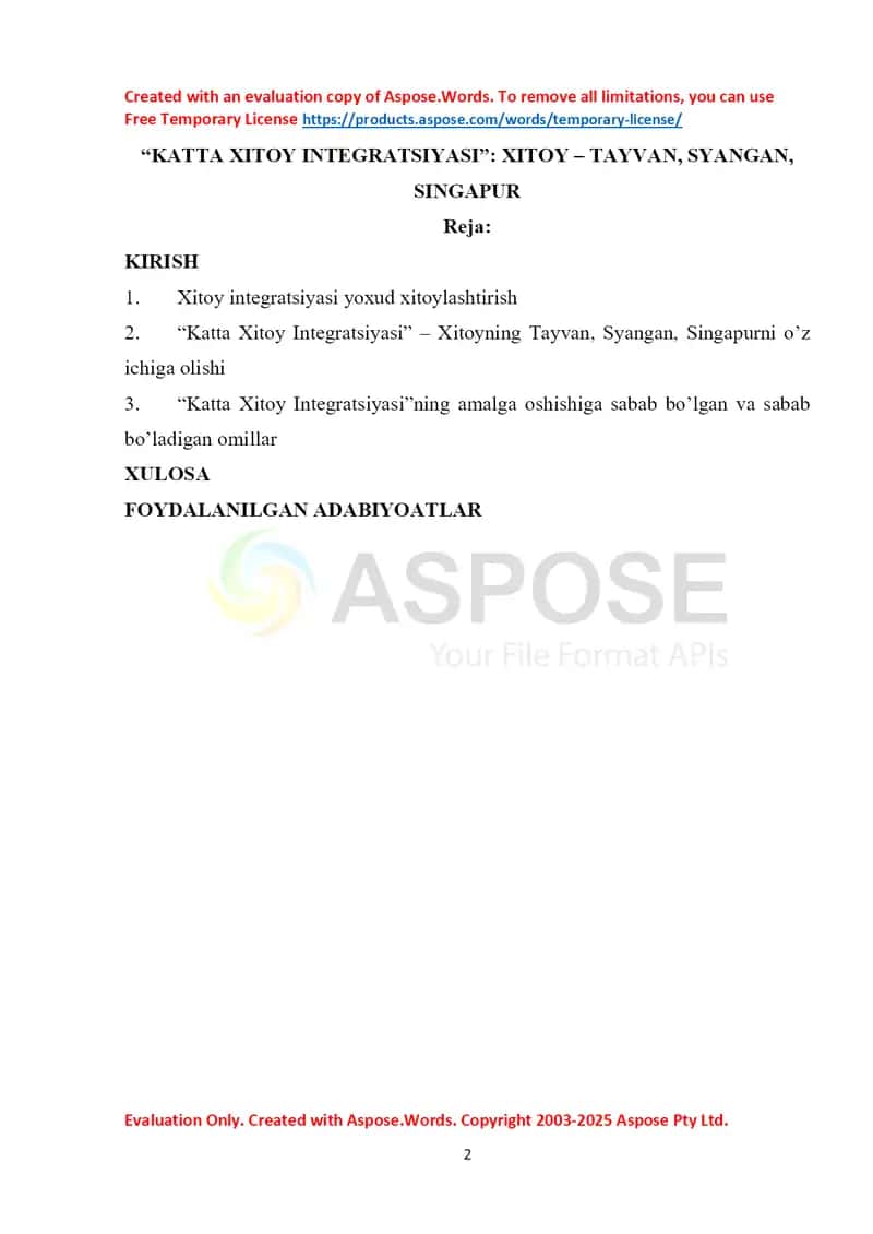 Kurs loyiha “Katta Xitoy Integratsiyasi”: Xitoy – Tayvan, Syangan, Singapur