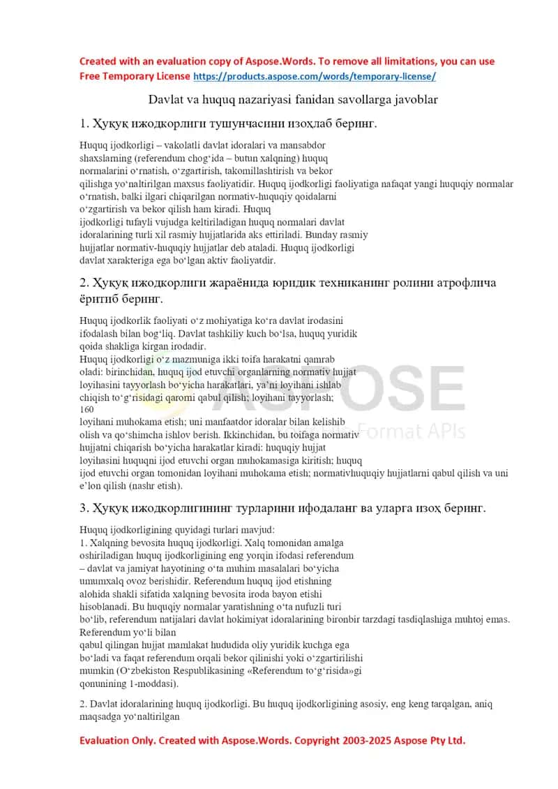 Davlat va huquq nazariyasi fanidan savollarga javoblar