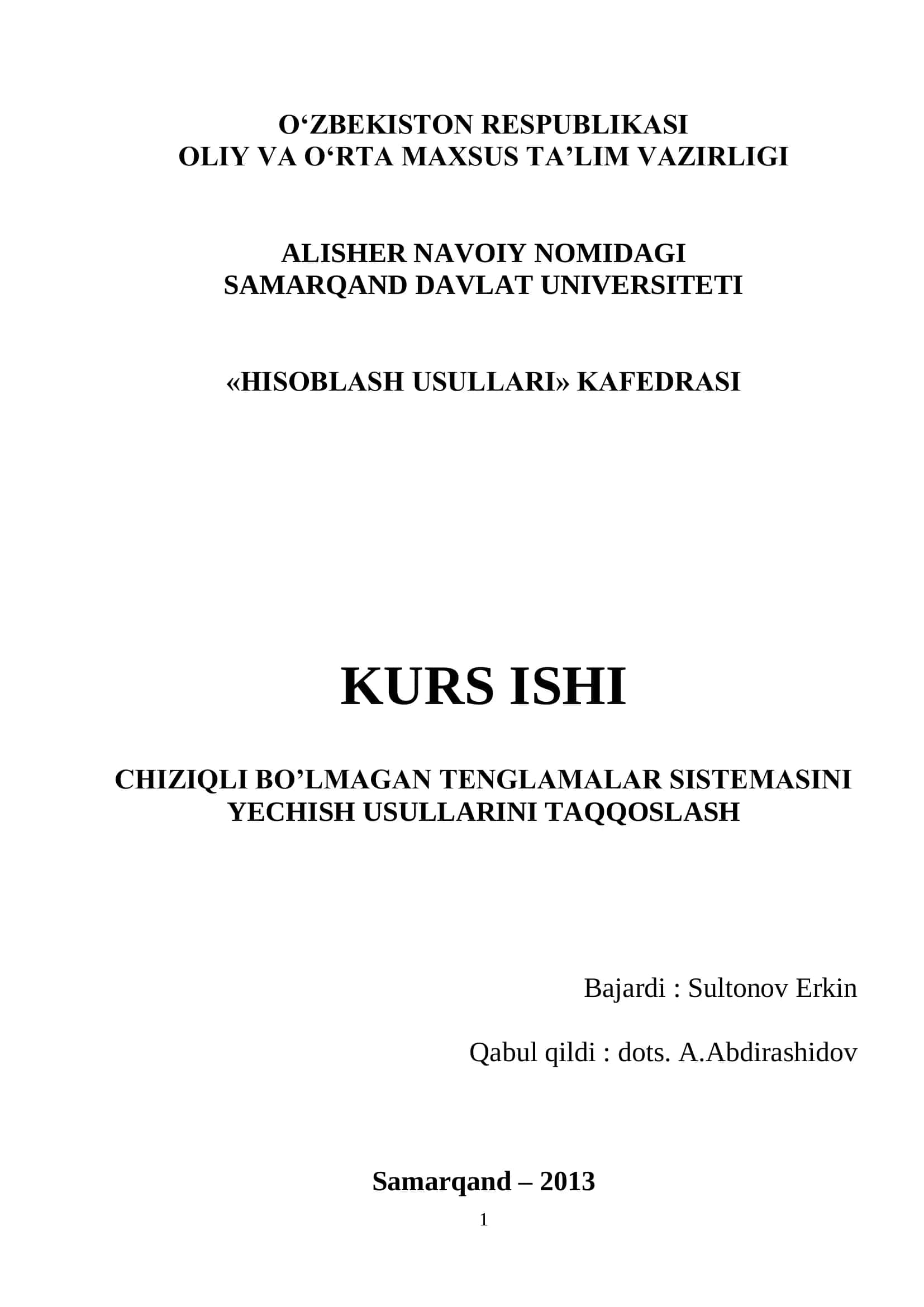 Chiziqli bo'lmagan tenglamalar sistemasini yechish usullarini taqqoslash