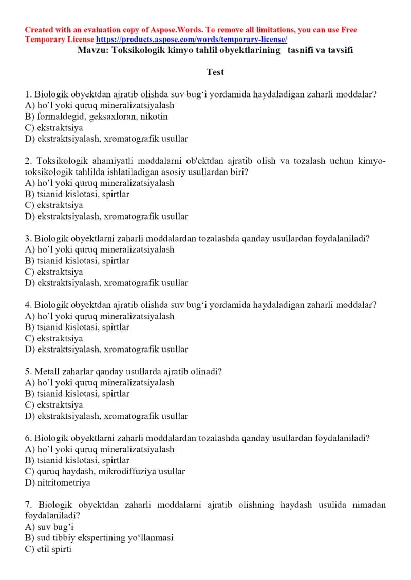 3. Toksikologik kimyo tahlil obyektlarining tasnifi va tavsifi. Test, 15 ta.