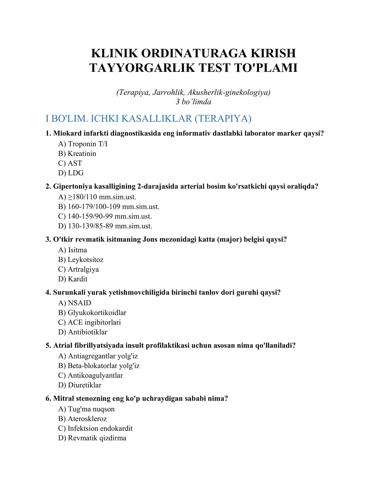 KLINIK ORDINATURAGA KIRISH TAYYORGARLIK TEST TO'PLAMI