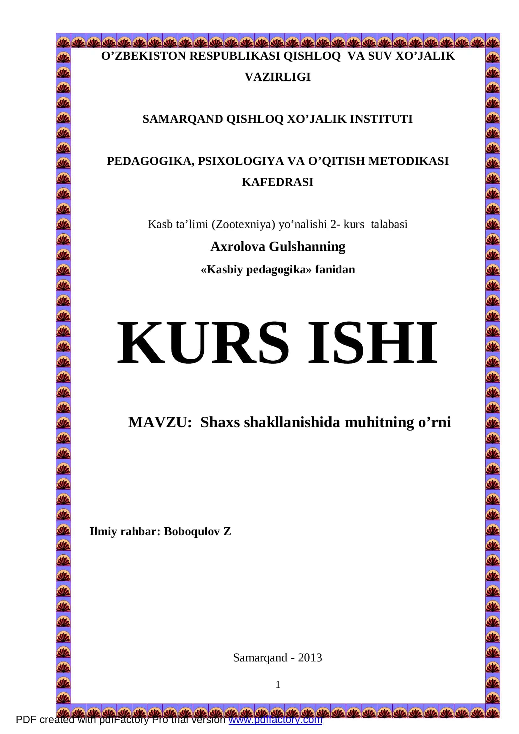 Kasb ta’limi (Zootexniya) yo’nalishi 2- kurs talabasi