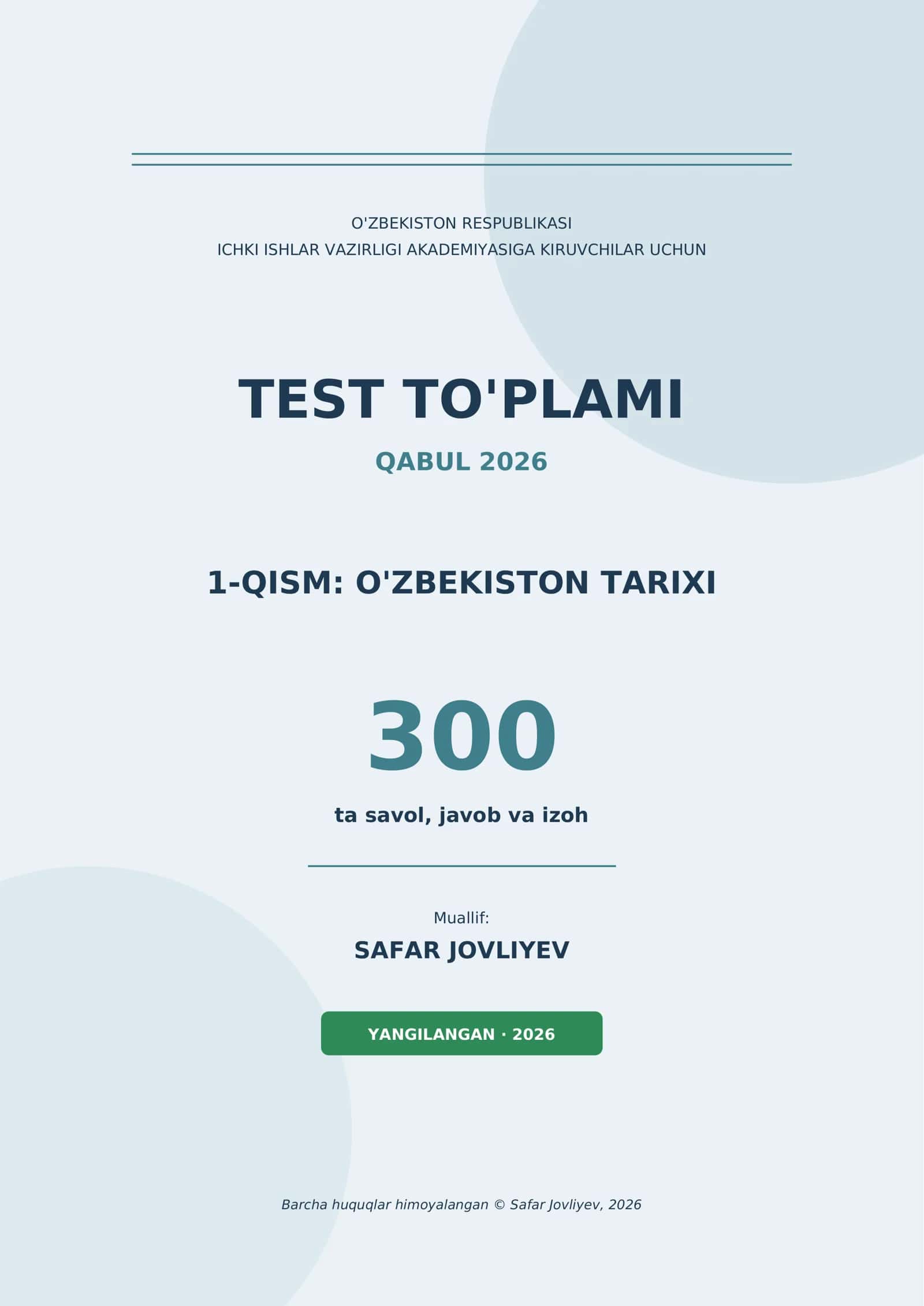 O'zbekiston tarixi Test to'plami