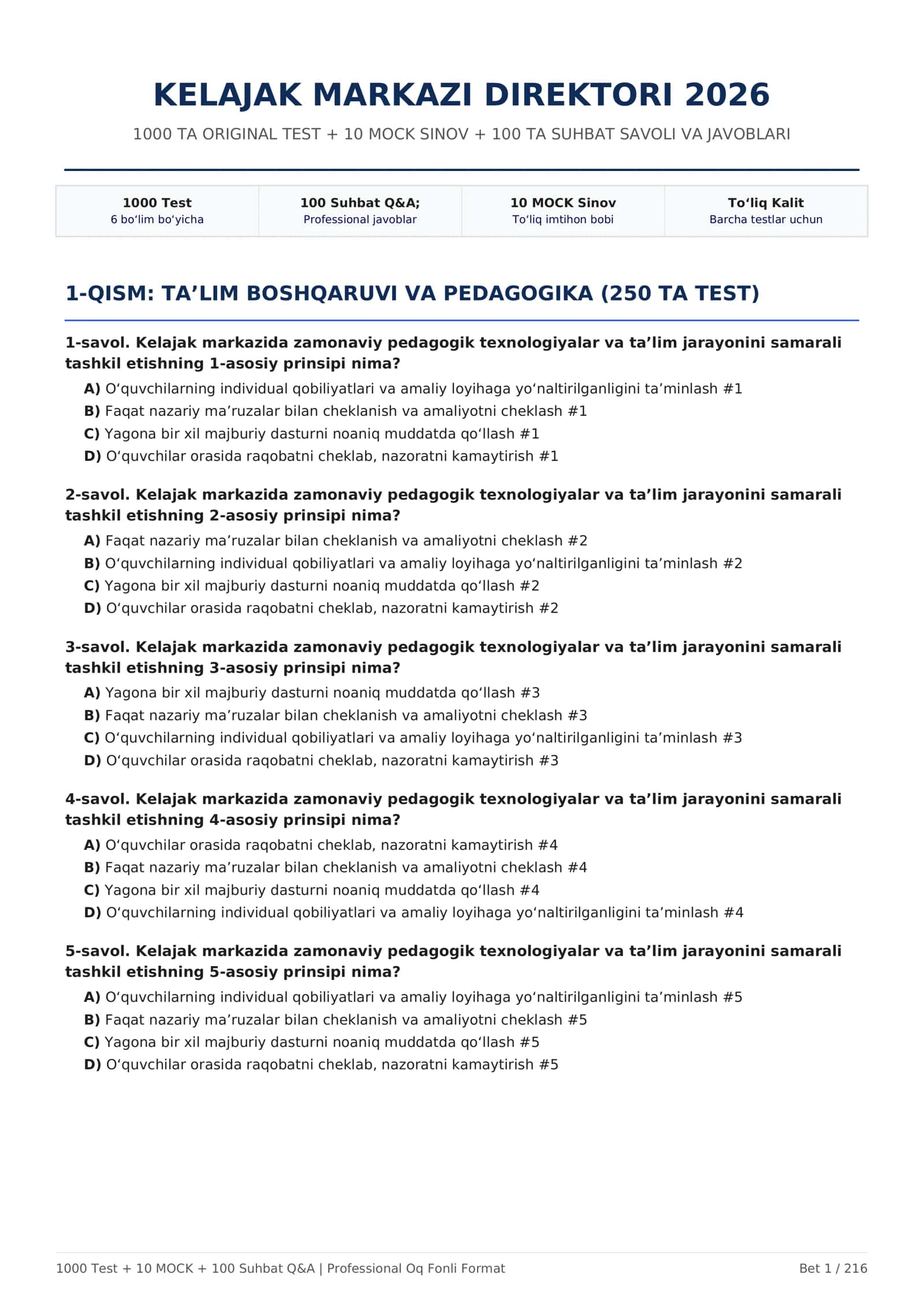 KELAJAK MARKAZI DIREKTORI 2026 — 1000 TEST + 10 MOCK + 100 SUHBAT