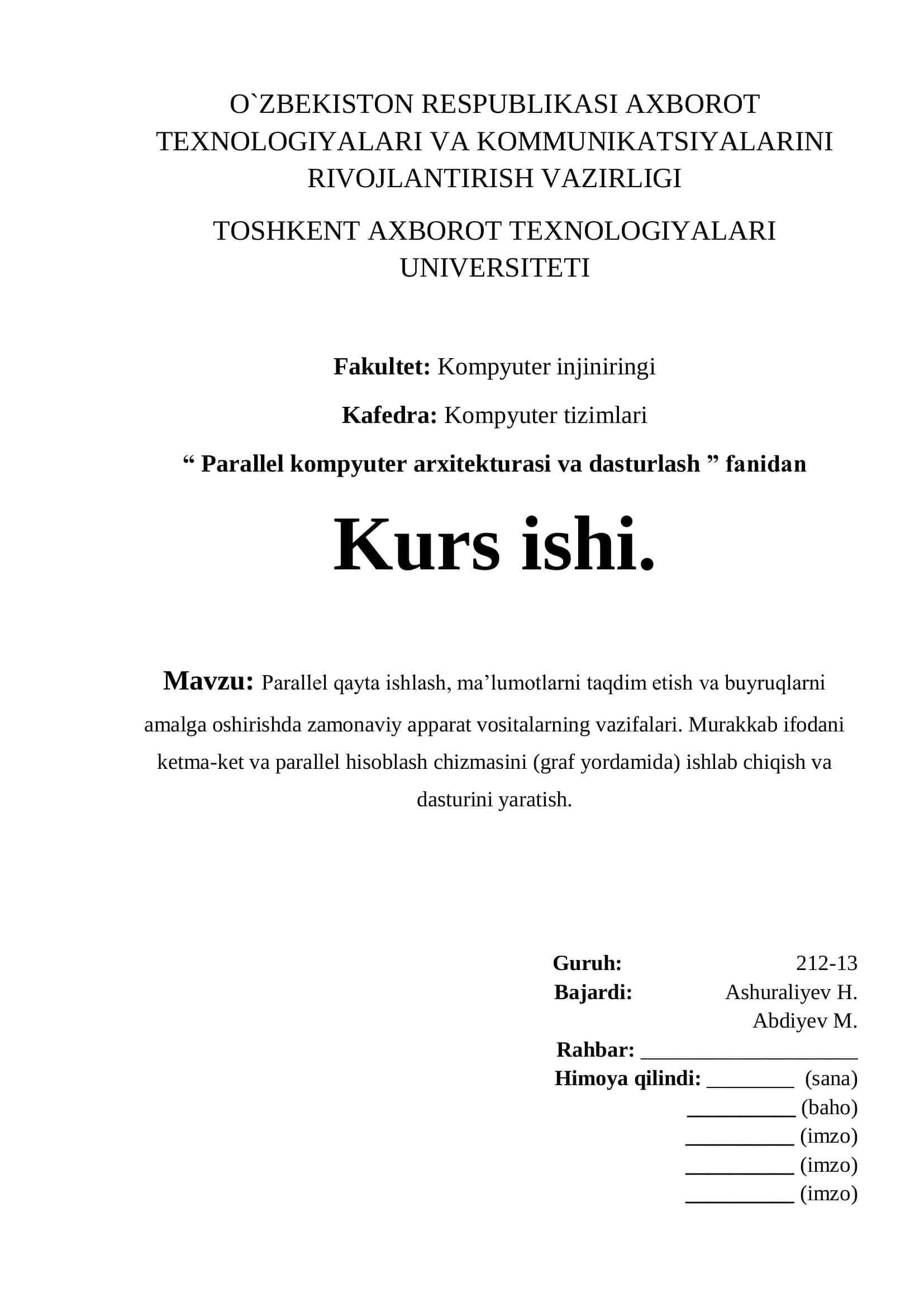 Parallel kompyuter arxitekturasi va dasturlash fanidan Kurs ishi