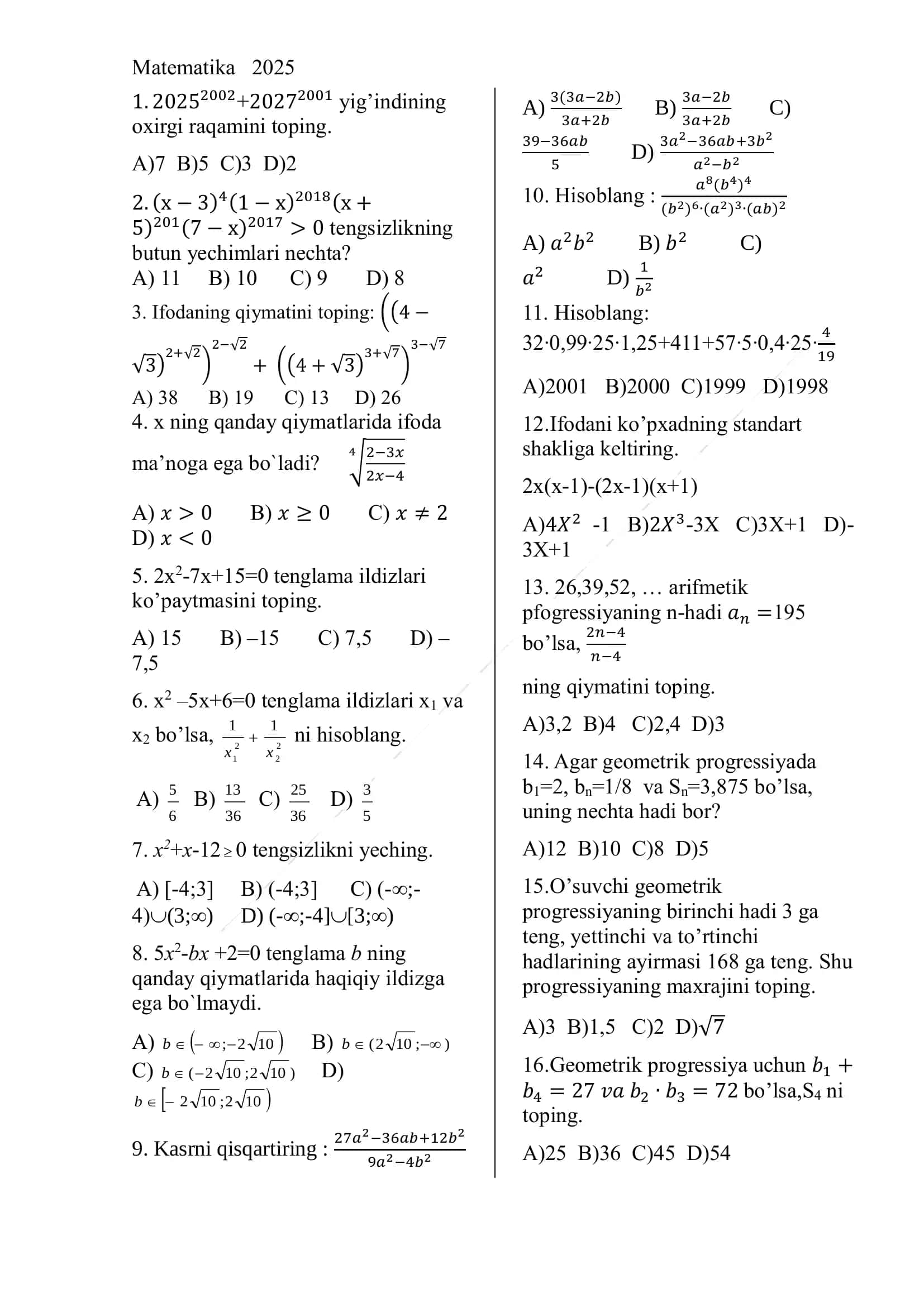 Matematika 2025