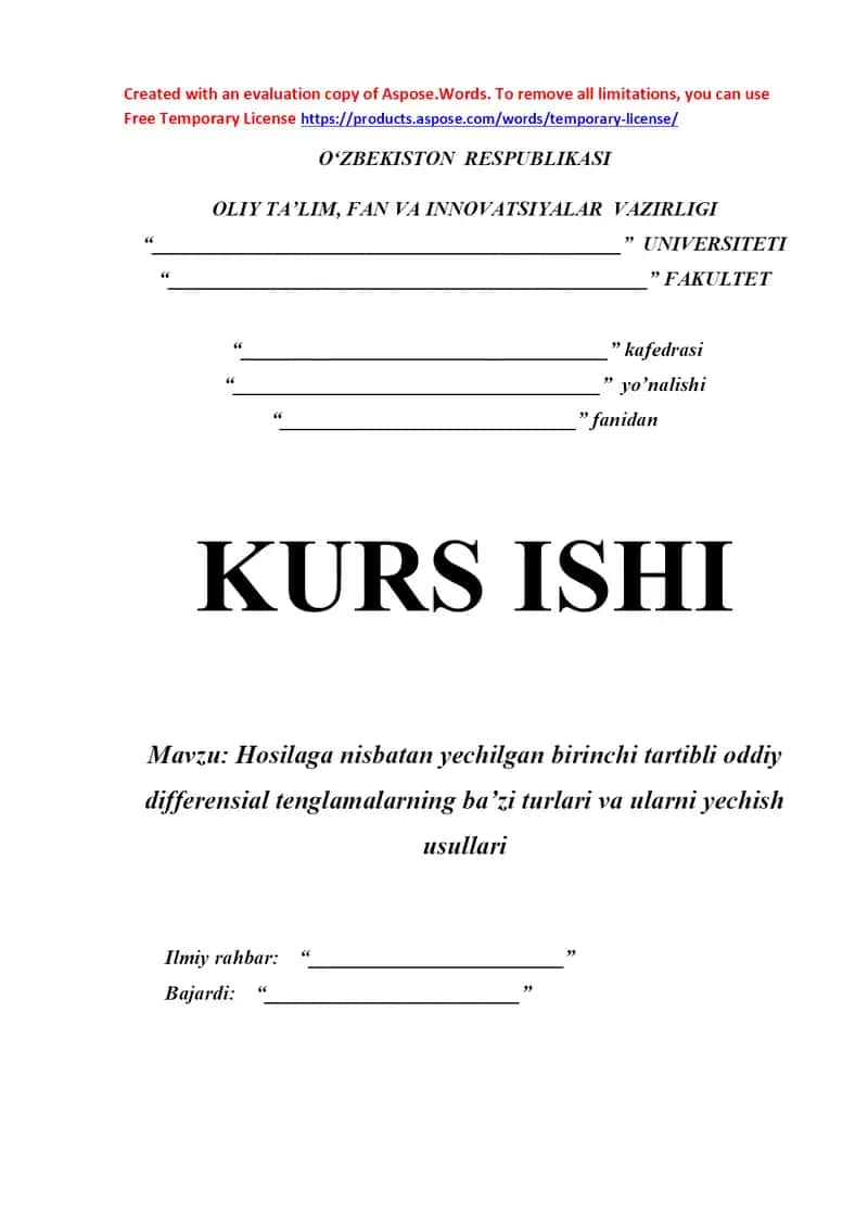 Hosilaga nisbatan yechilgan birinchi tartibli oddiy differensial tenglamalarning ba’zi turlari va ularni yechish usullari