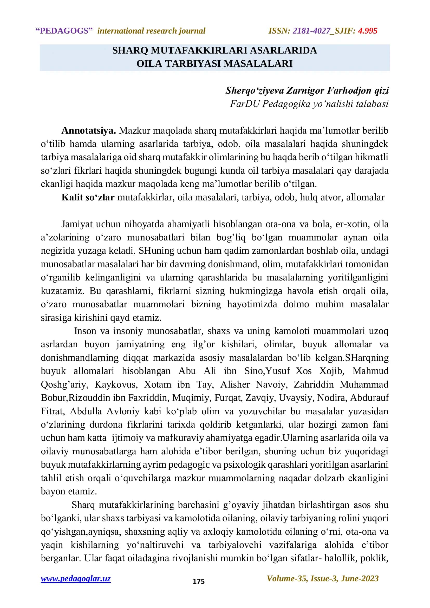 SHARQ MUTAFAKKIRLARI ASARLARIDA OILA TARBIYASI MASALALARI