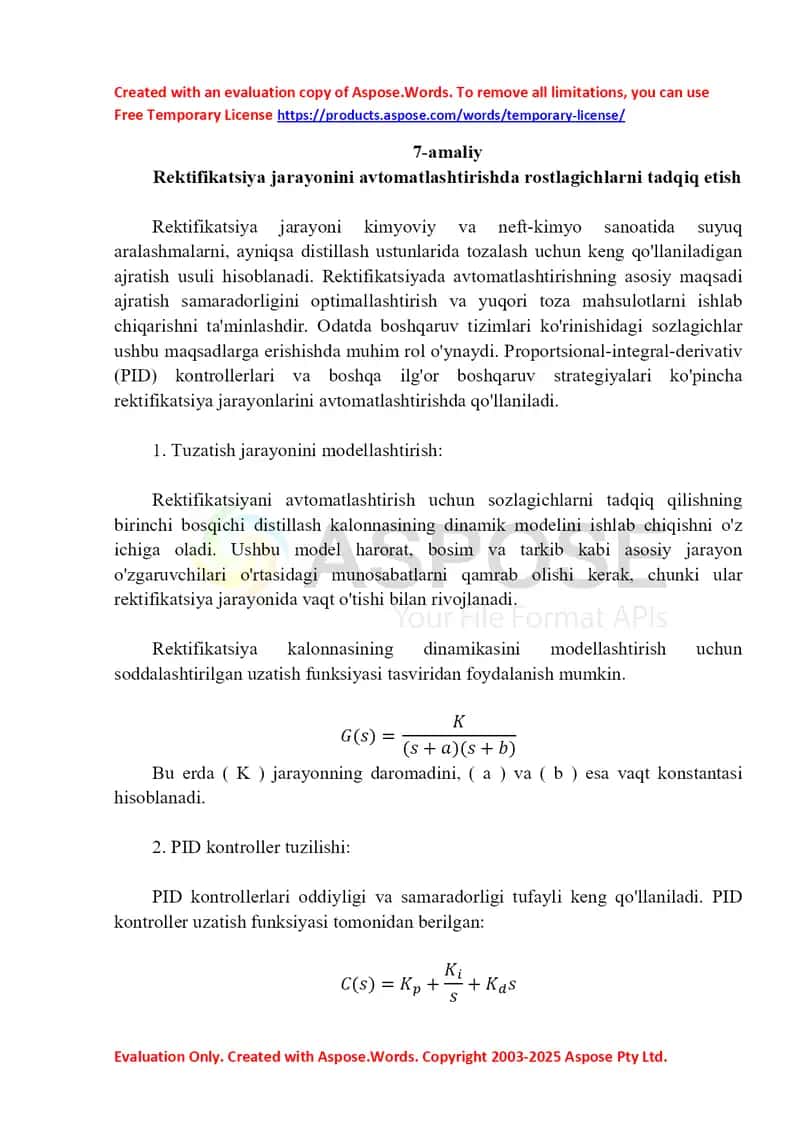 Rektifikatsiya jarayonini avtomatlashtirishda PID-rostlagichlarni tadqiq etish