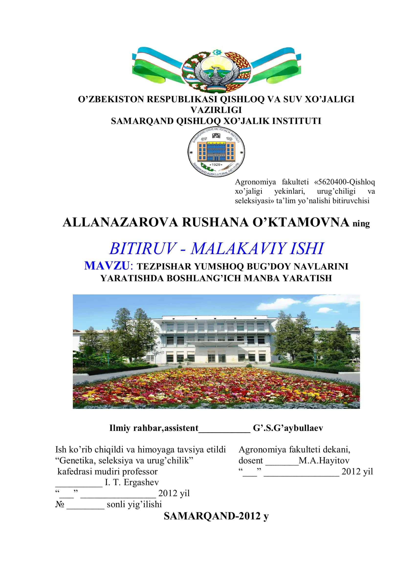 TEZPISHAR YUMSHOQ BUG’DOY NAVLARINI YARATISHDA BOSHLANG’ICH MANBA YARATISH