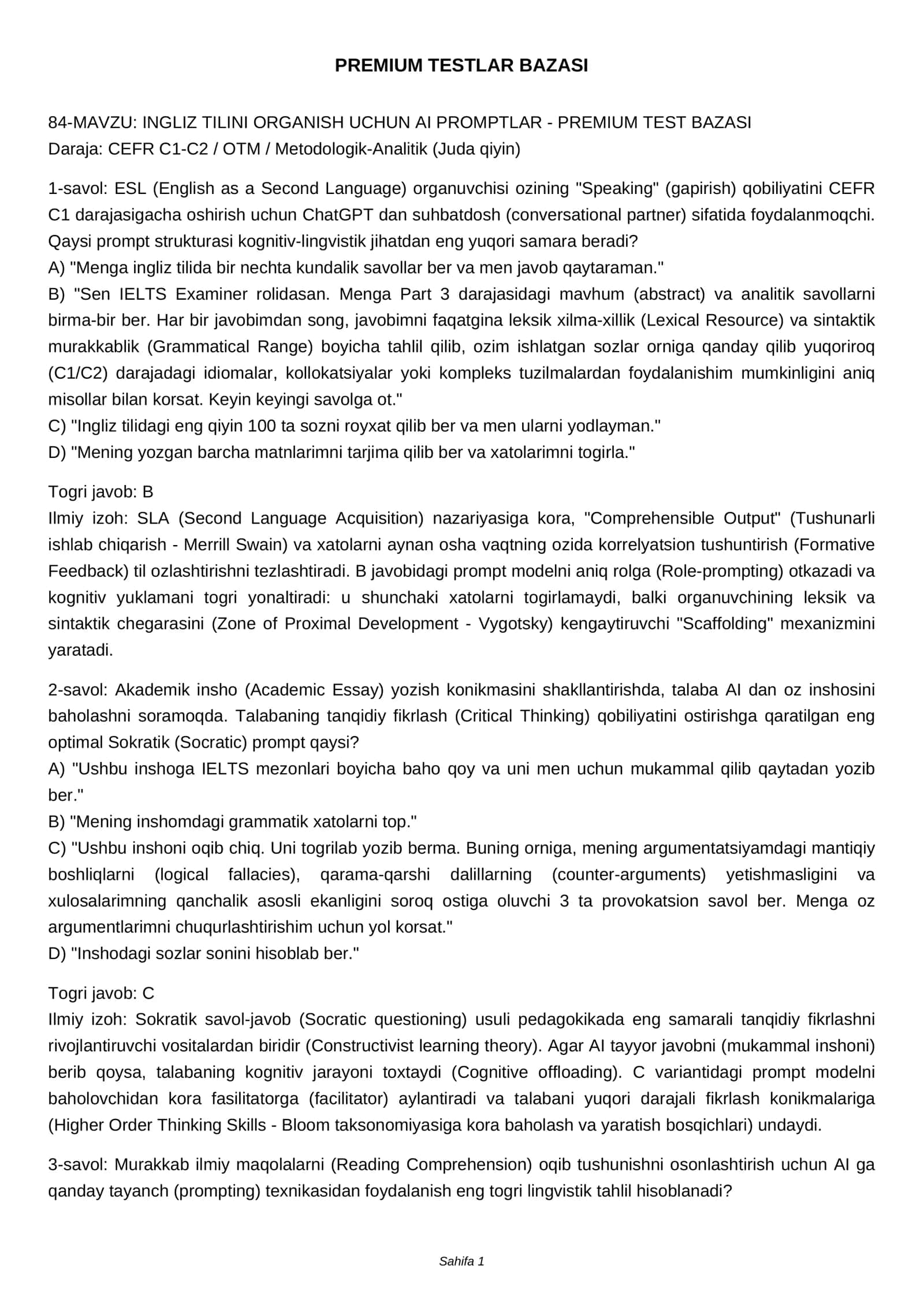 INGLIZ TILINI ORGANISH UCHUN AI PROMPTLAR - PREMIUM TEST BAZASI