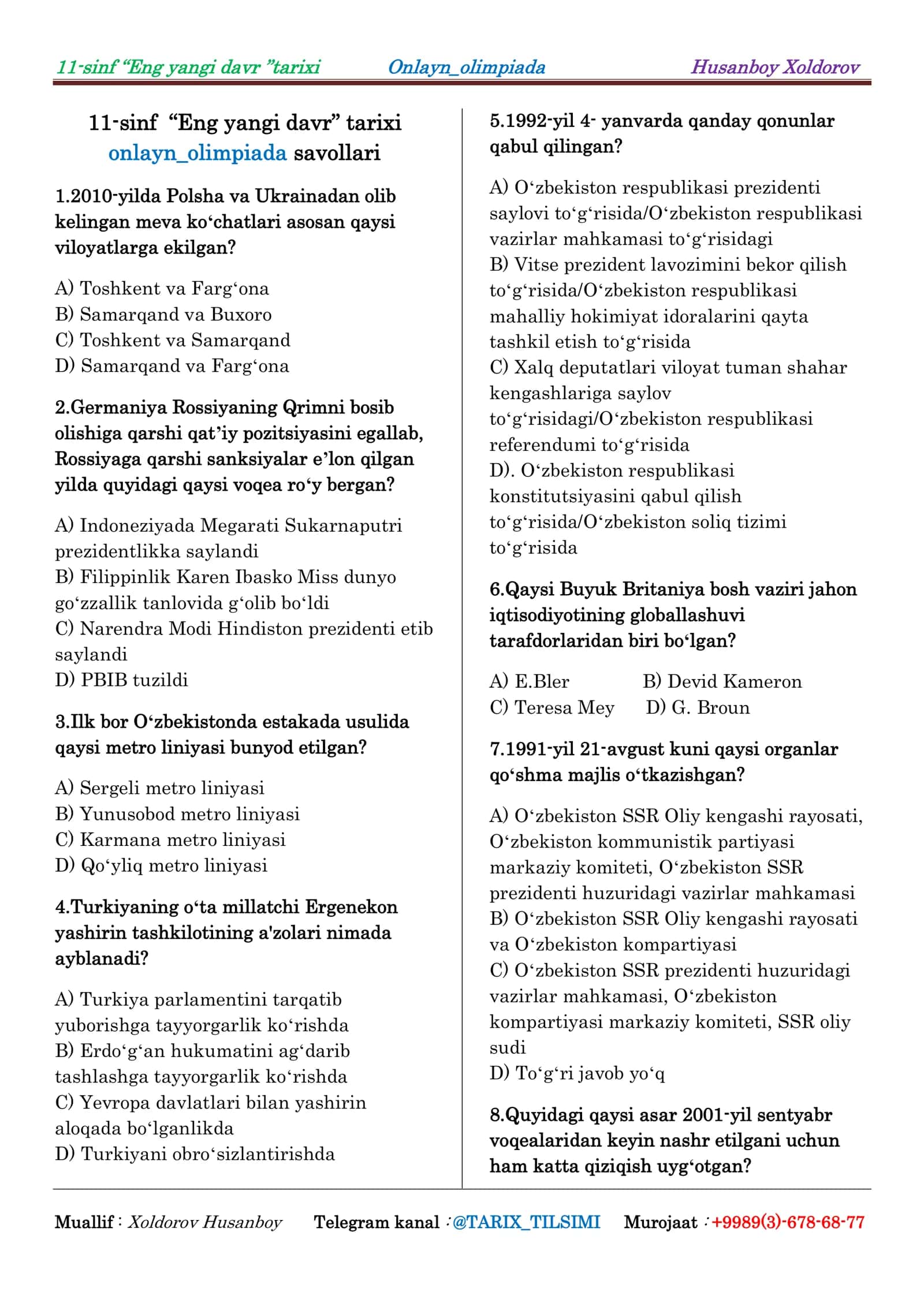11-sinf “Eng yangi davr ”tarixi Onlayn_olimpiada Husanboy Xoldorov