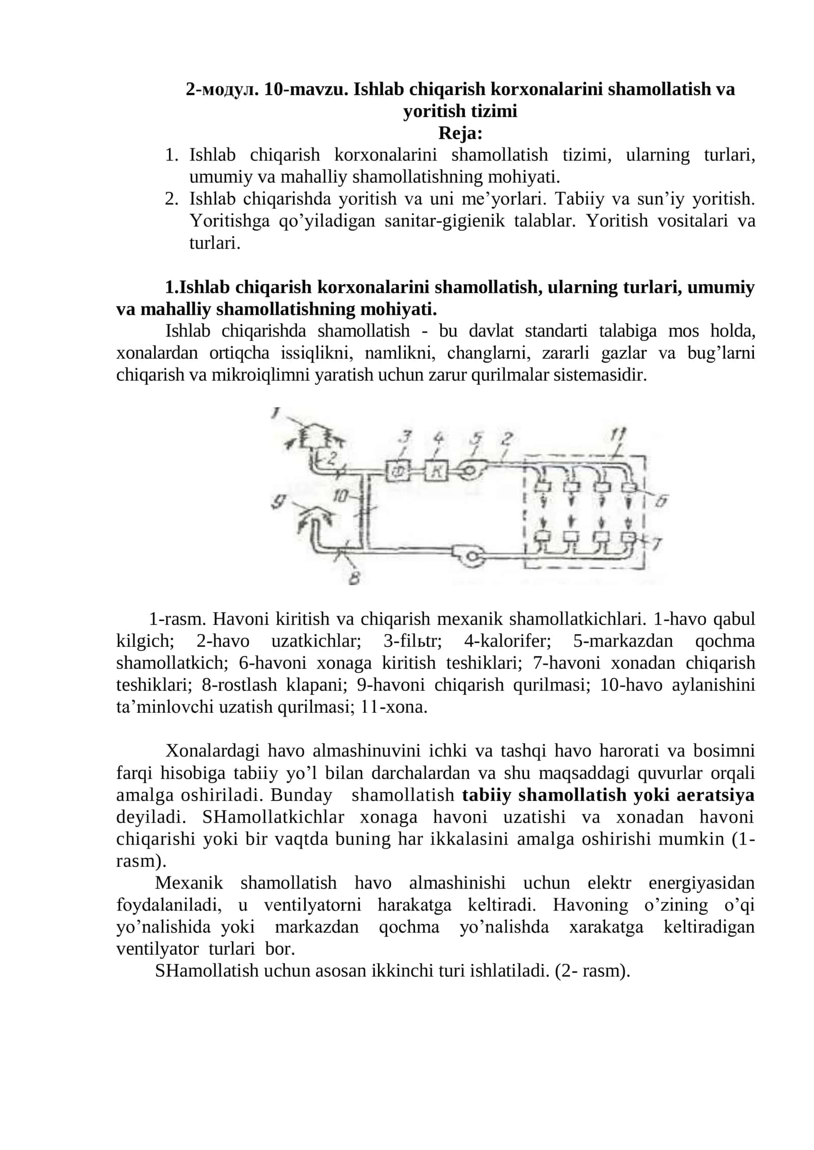 Ishlab chiqarish korxonalarini shamollatish va yoritish tizimi