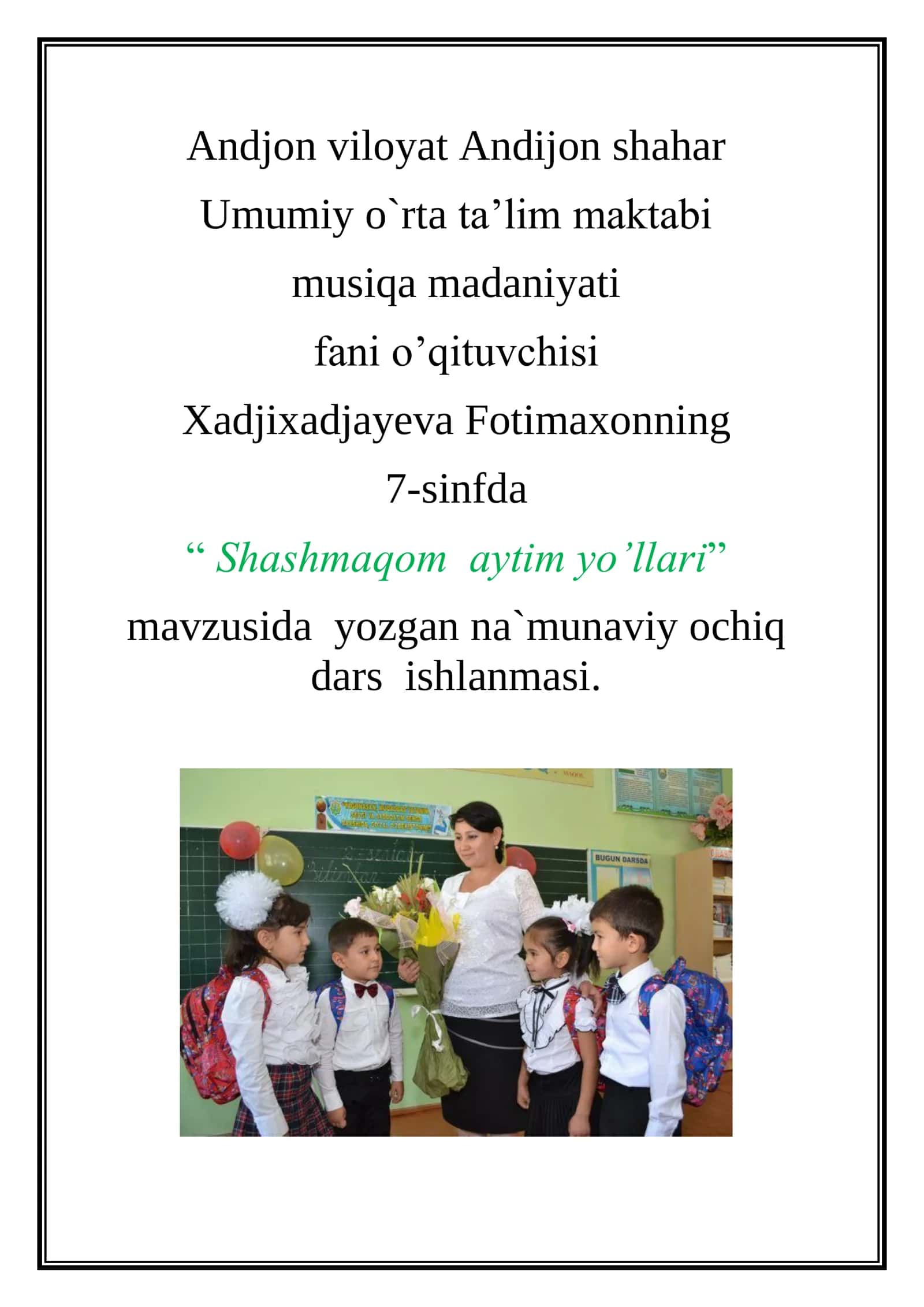 7-sinf Musiqa fanidan Shashmaqom aytim yo'llari dars ishlanmasi