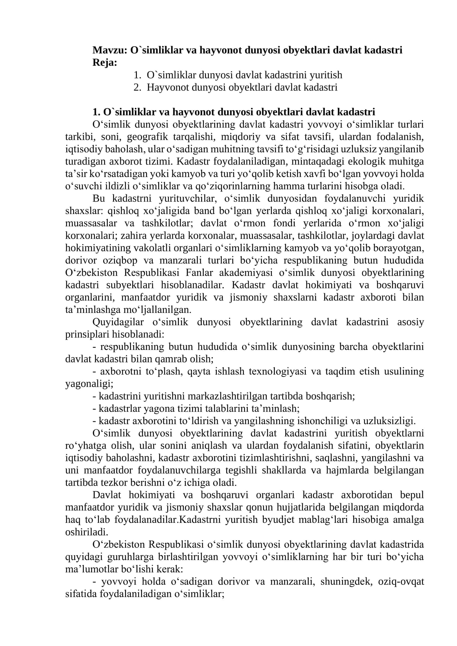 O`simliklar va hayvonot dunyosi obyektlari davlat kadastri