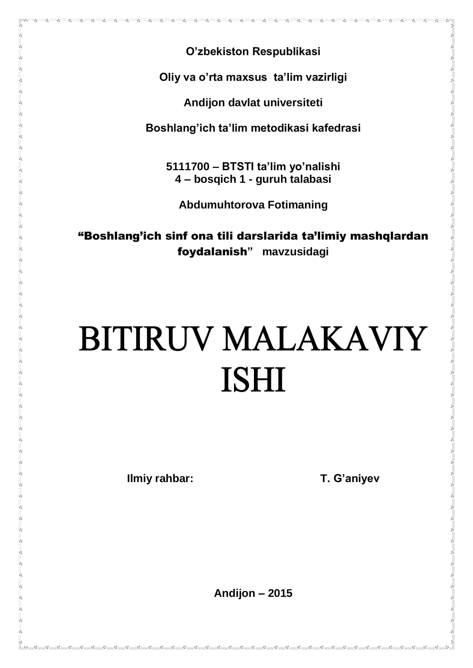 "Boshlang’ich sinf ona tili darslarida ta’limiy mashqlardan foydalanish"