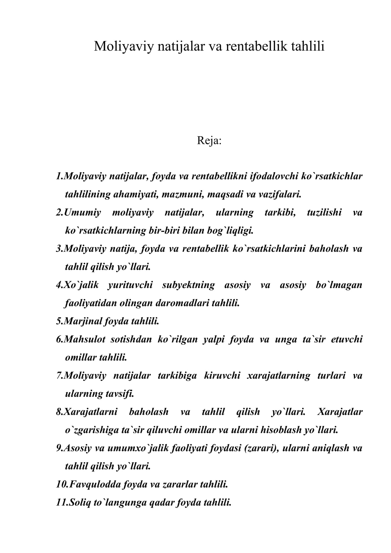 Moliyaviy natijalar va rentabellik tahlili
