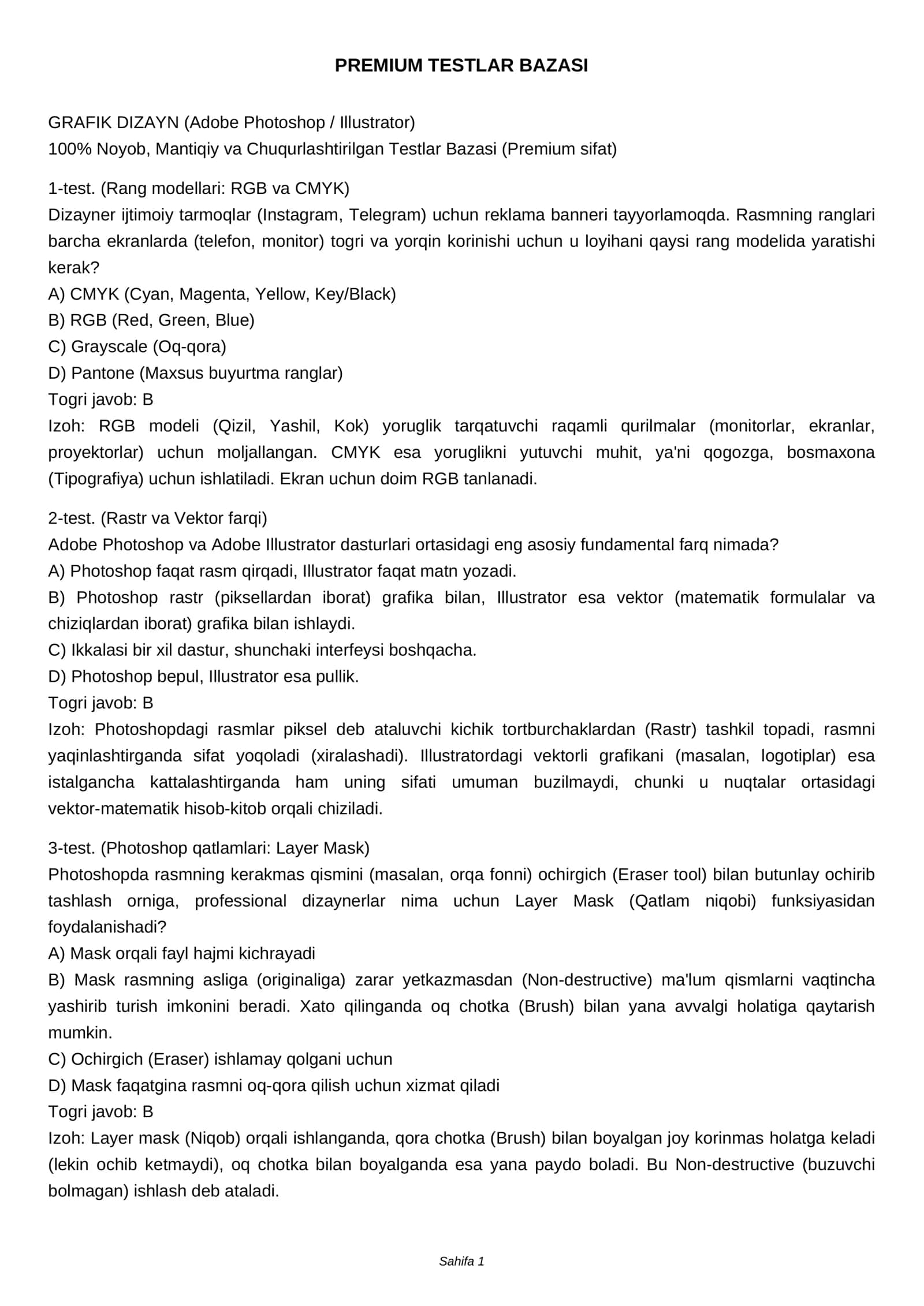 PREMIUM TESTLAR BAZASI