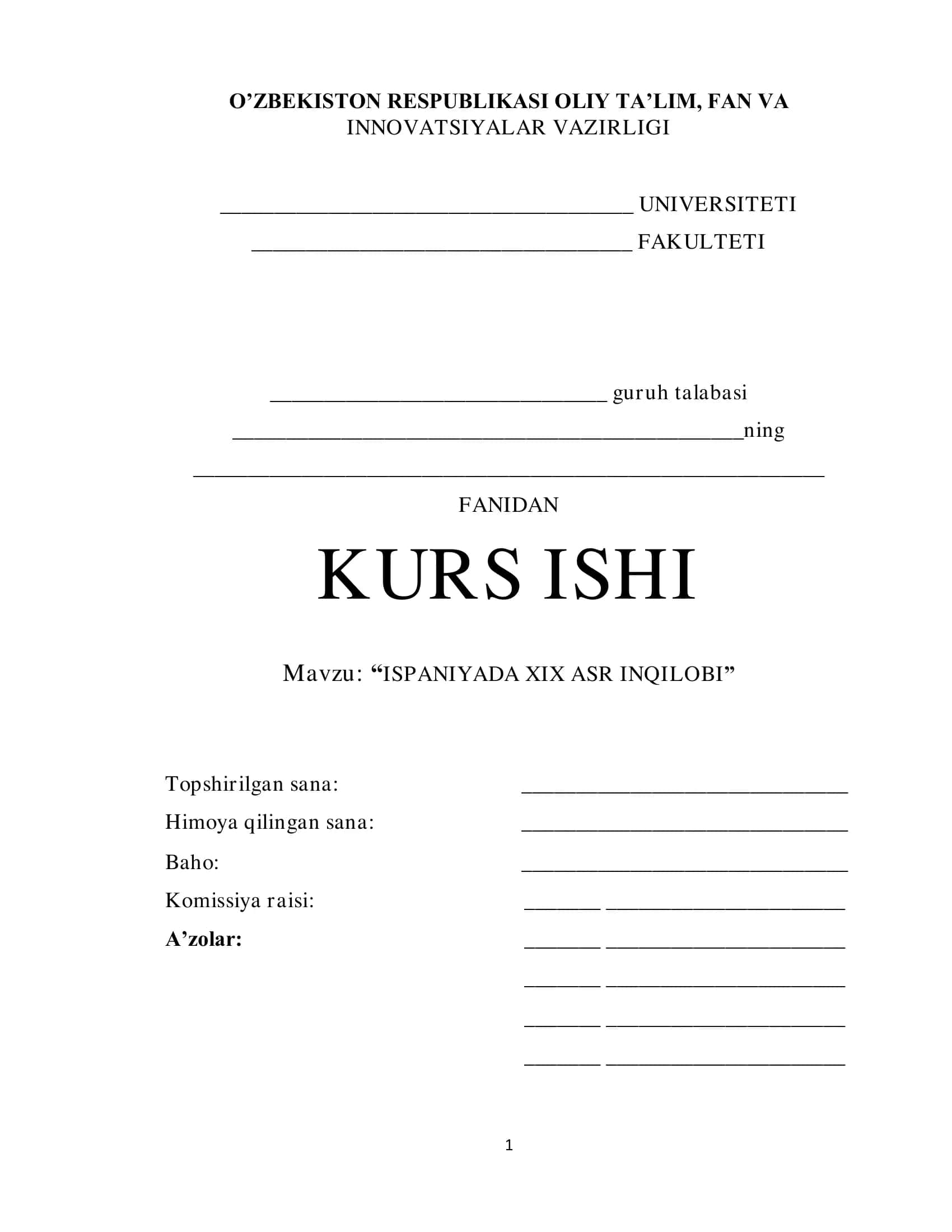 KURS ISHI "ISPANIYADA XIX ASR INQILOBI"