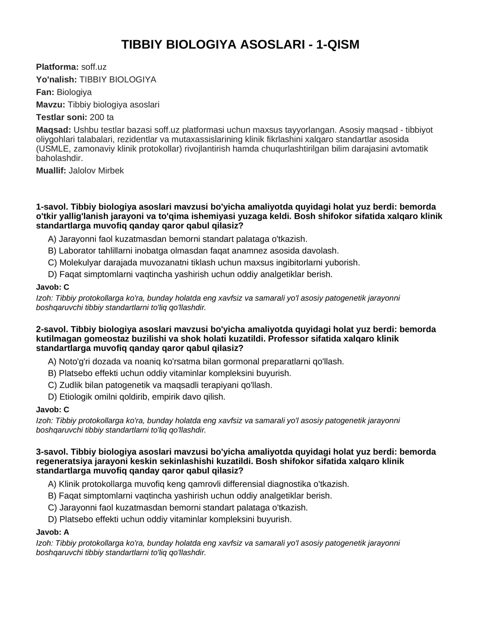 TIBBIY BIOLOGIYA ASOSLARI - 1-QISM