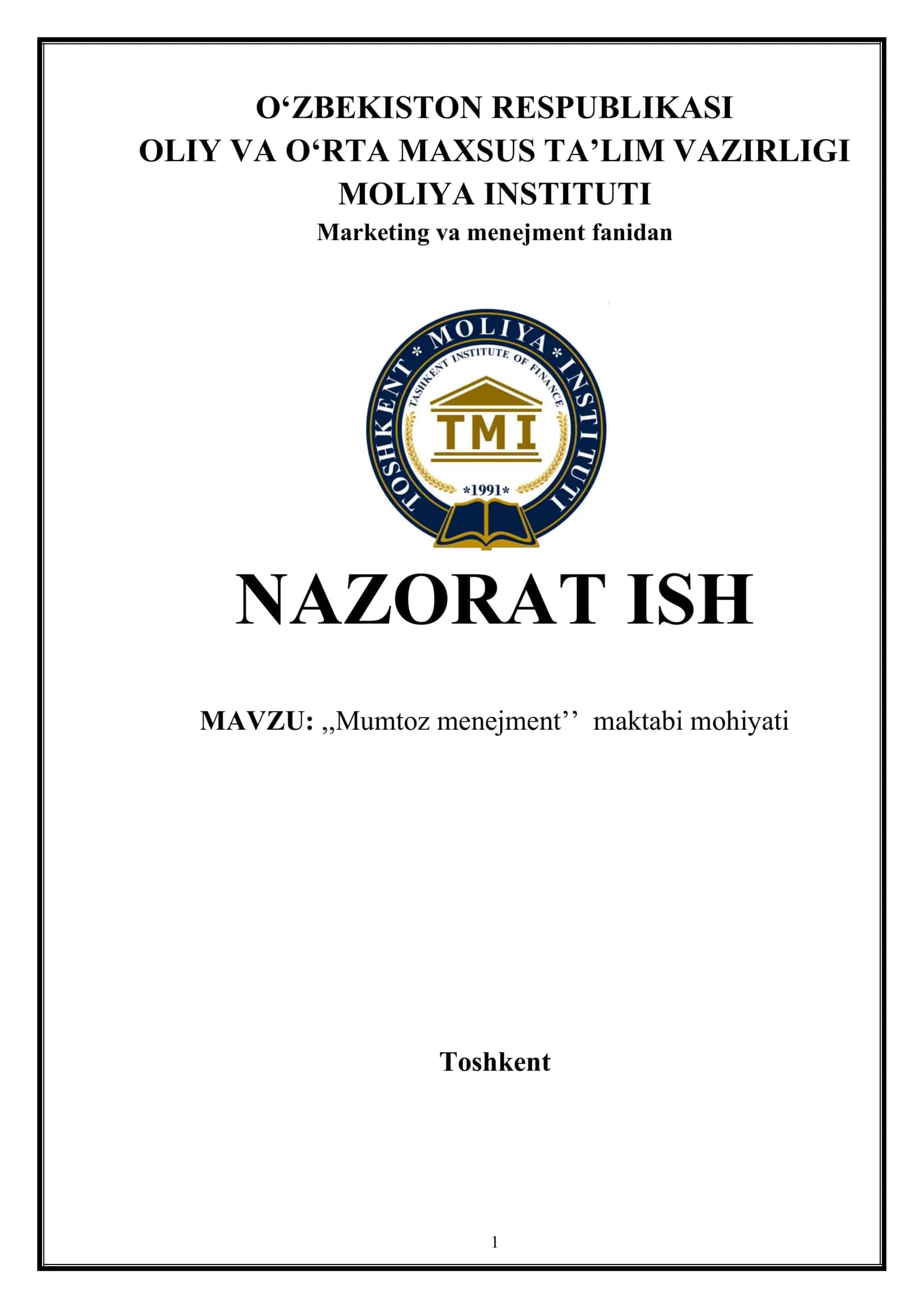,,Mumtoz menejment’’ maktabi mohiyati