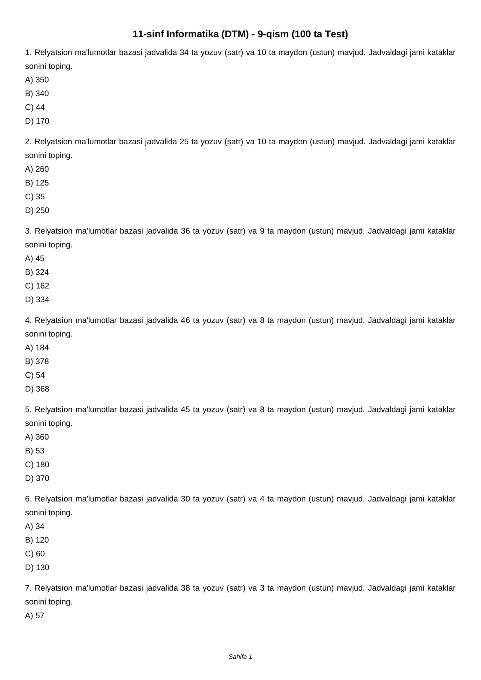 11-sinf Informatika (DTM) - 9-qism (100 ta Test)