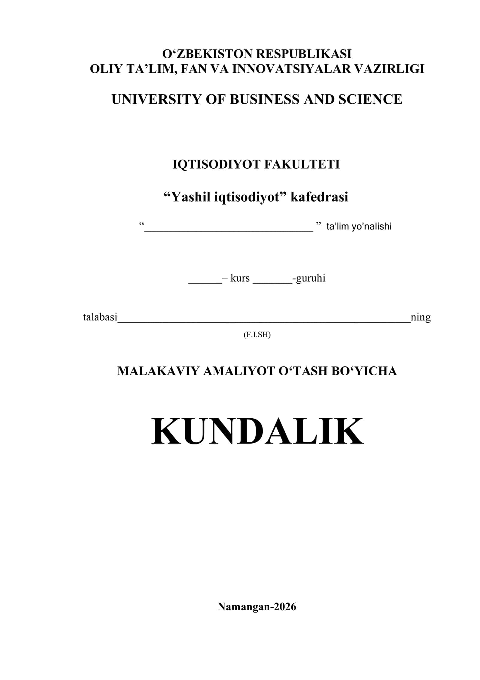 Malakaviy Amaliyot O‘tash Bo‘yicha Kundalik Namangan-2026