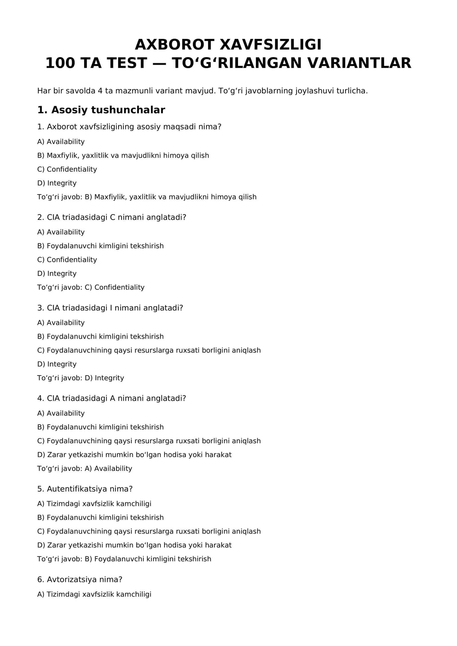 Axborot xavfsizligi savollar va javoblar