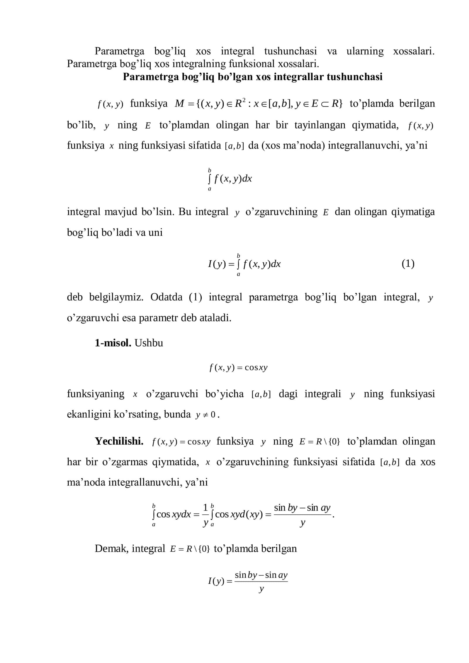 Parametrga bog’liq xos integrallar