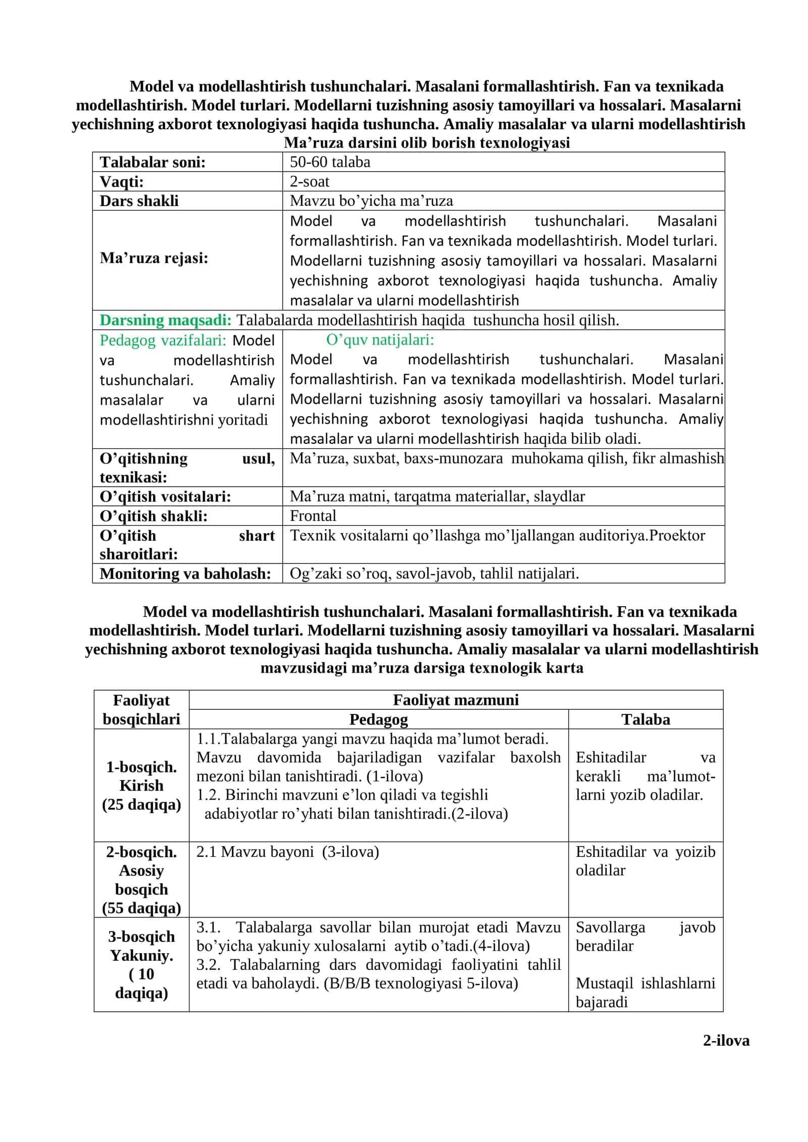 Model va modellashtirish tushunchalari. Masalani formallashtirish. Fan va texnikada modellashtirish. Model turlari. Modellarni tuzishning asosiy tamoyillari va hossalari. Masalarni yechishning axborot texnologiyasi haqida tushuncha. Amaliy masalalar va ularni modellashtirish