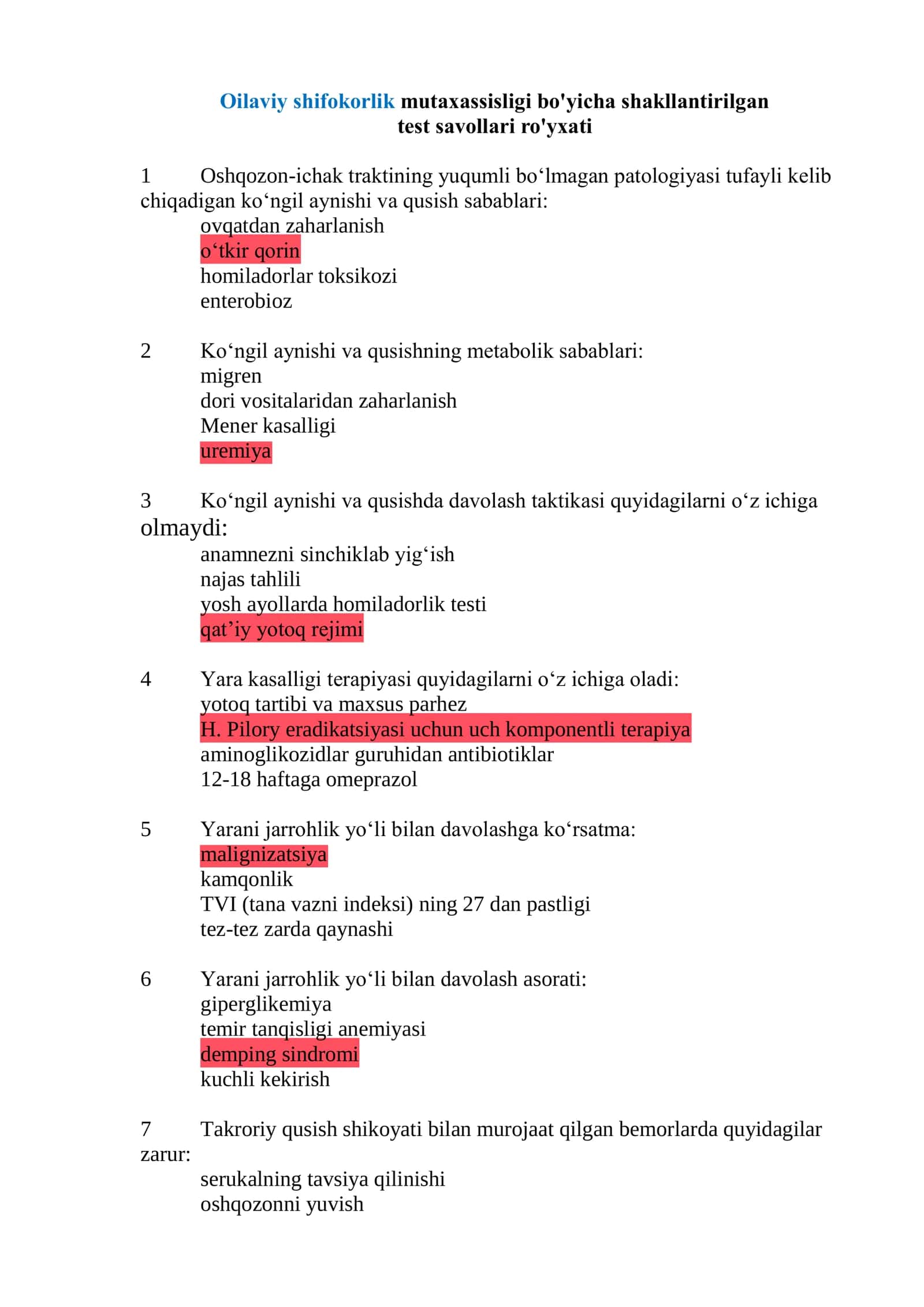 Oilaviy shifokorlik mutaxassisligi bo'yicha shakllantirilgan test savollari javobi 2026 YIL