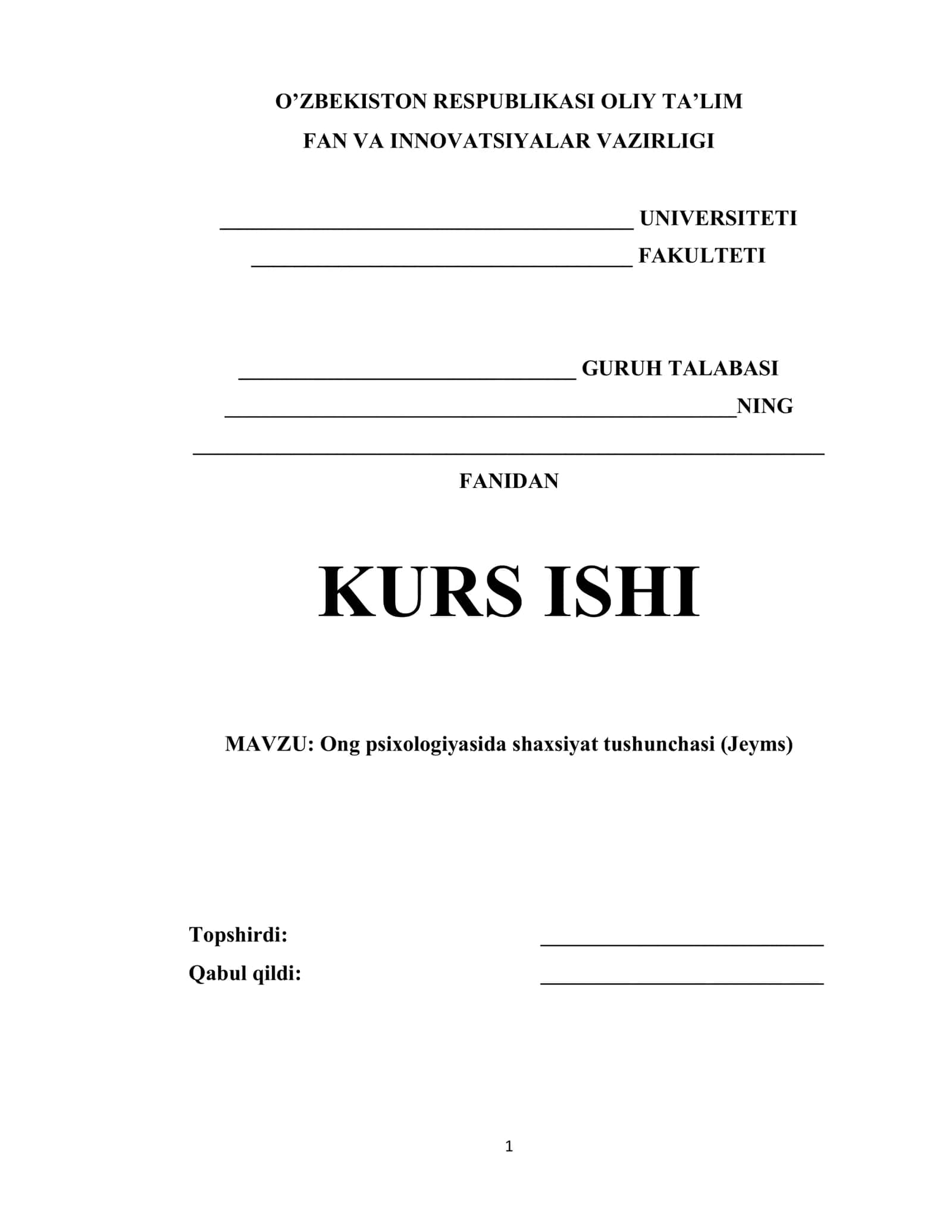 Ong psixologiyasida shaxsiyat tushunchasi (Jeyms)