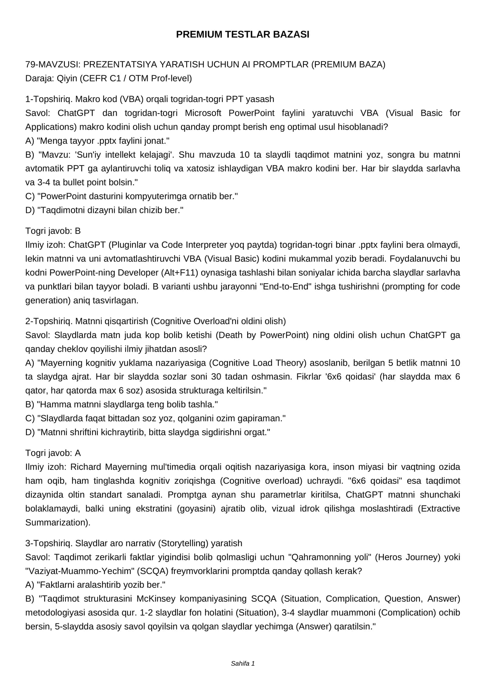 PREMIUM TESTLAR BAZASI