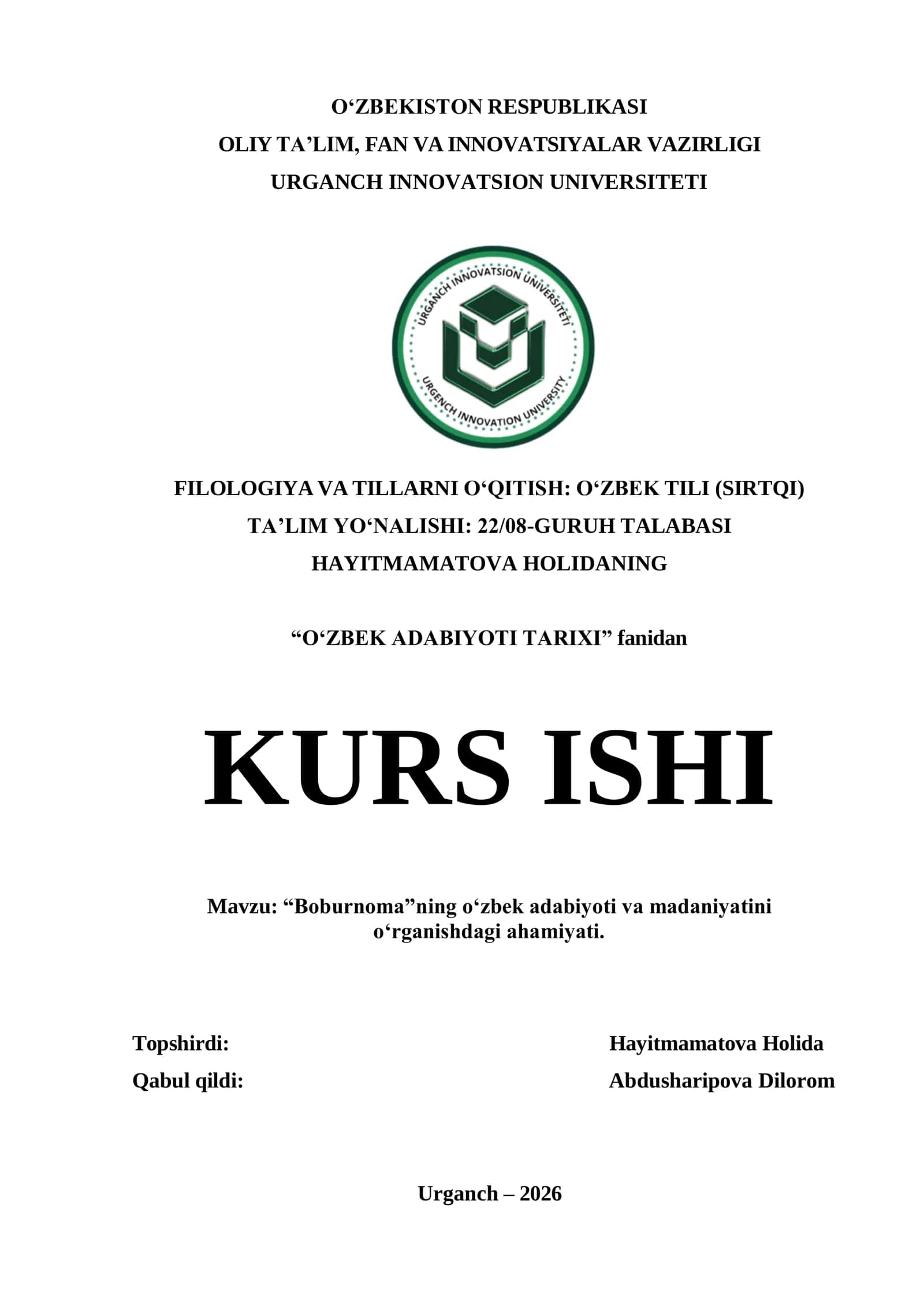 “Boburnoma”ning o‘zbek adabiyoti va madaniyatini o‘rganishdagi ahamiyati
