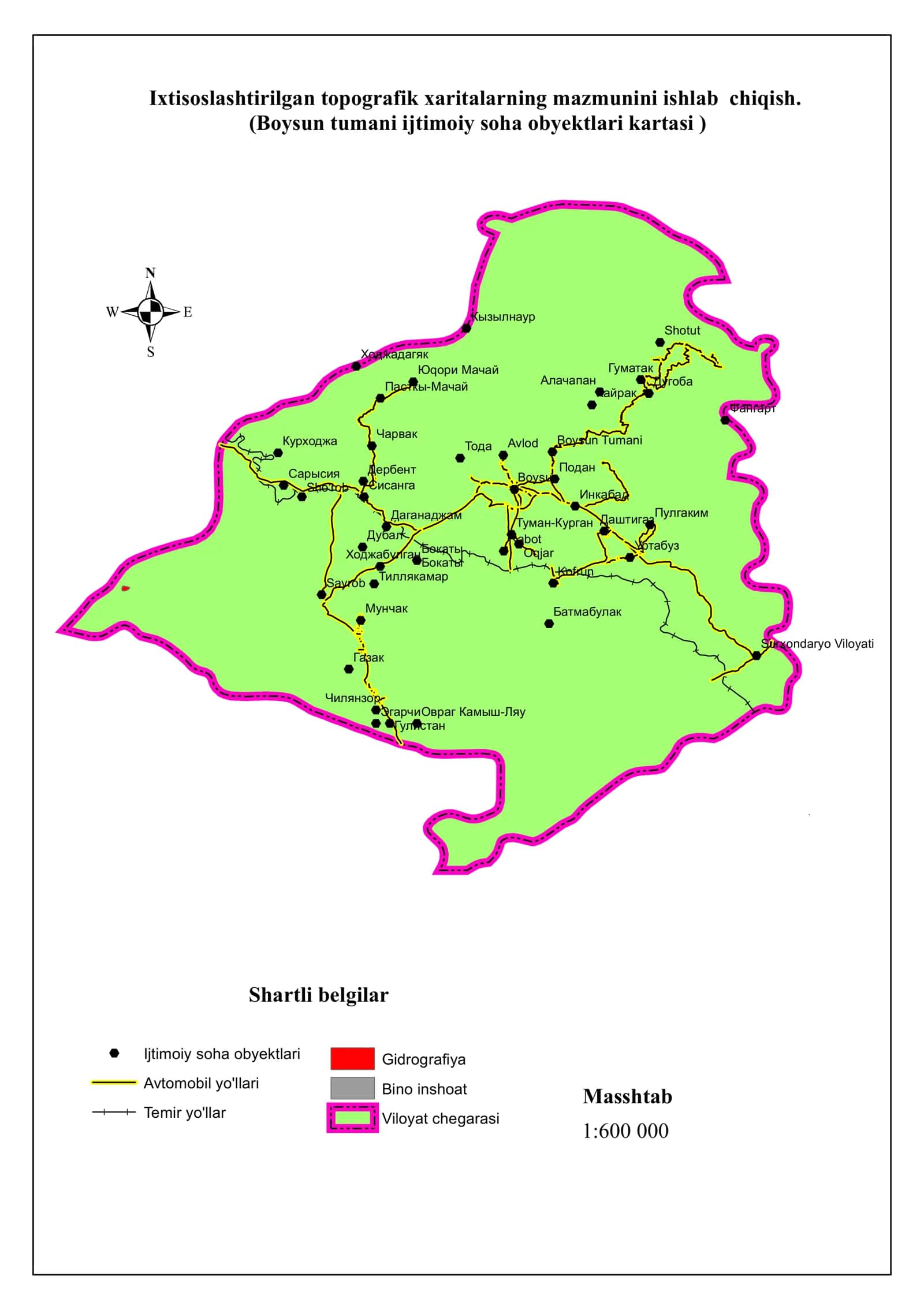 Ixtisoslashtirilgan topografik xaritalarning mazmunini ishlab chiqish. (Boysun tumani ijtimoiy soha obyektlari kartasi )