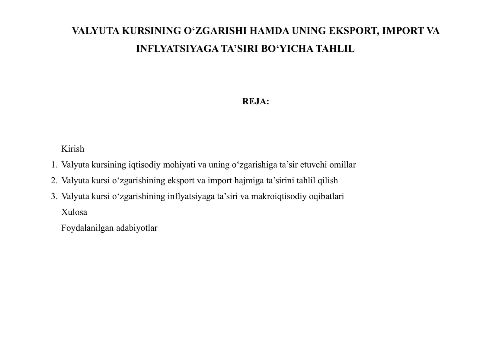 VALYUTA KURSINING O‘ZGARISHI HAMDA UNING EKSPORT, IMPORT VA INFLYATSIYAGA TA’SIRI BO‘YICHA TAHLIL
