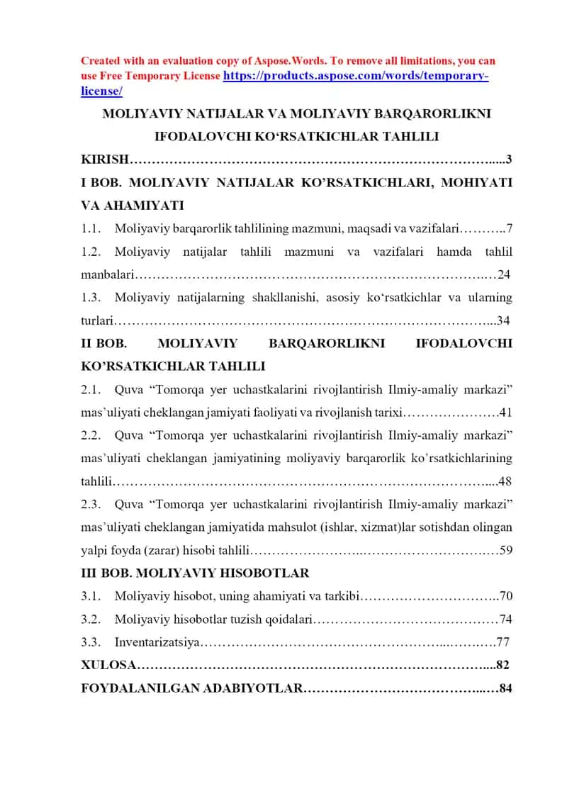 Moliyaviy natijalar va moliyaviy barqarorlikni ifodalovchi ko’rsatkichlar tahlili
