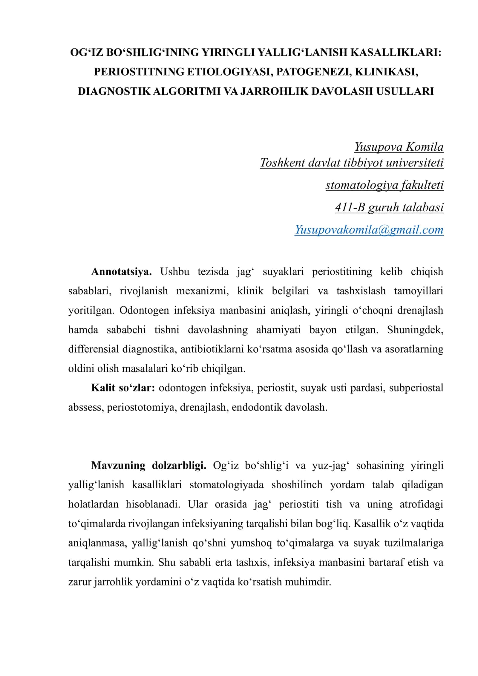 OG‘IZ BO‘SHLIG‘INING YIRINGLI YALLIG‘LANISH KASALLIKLARI