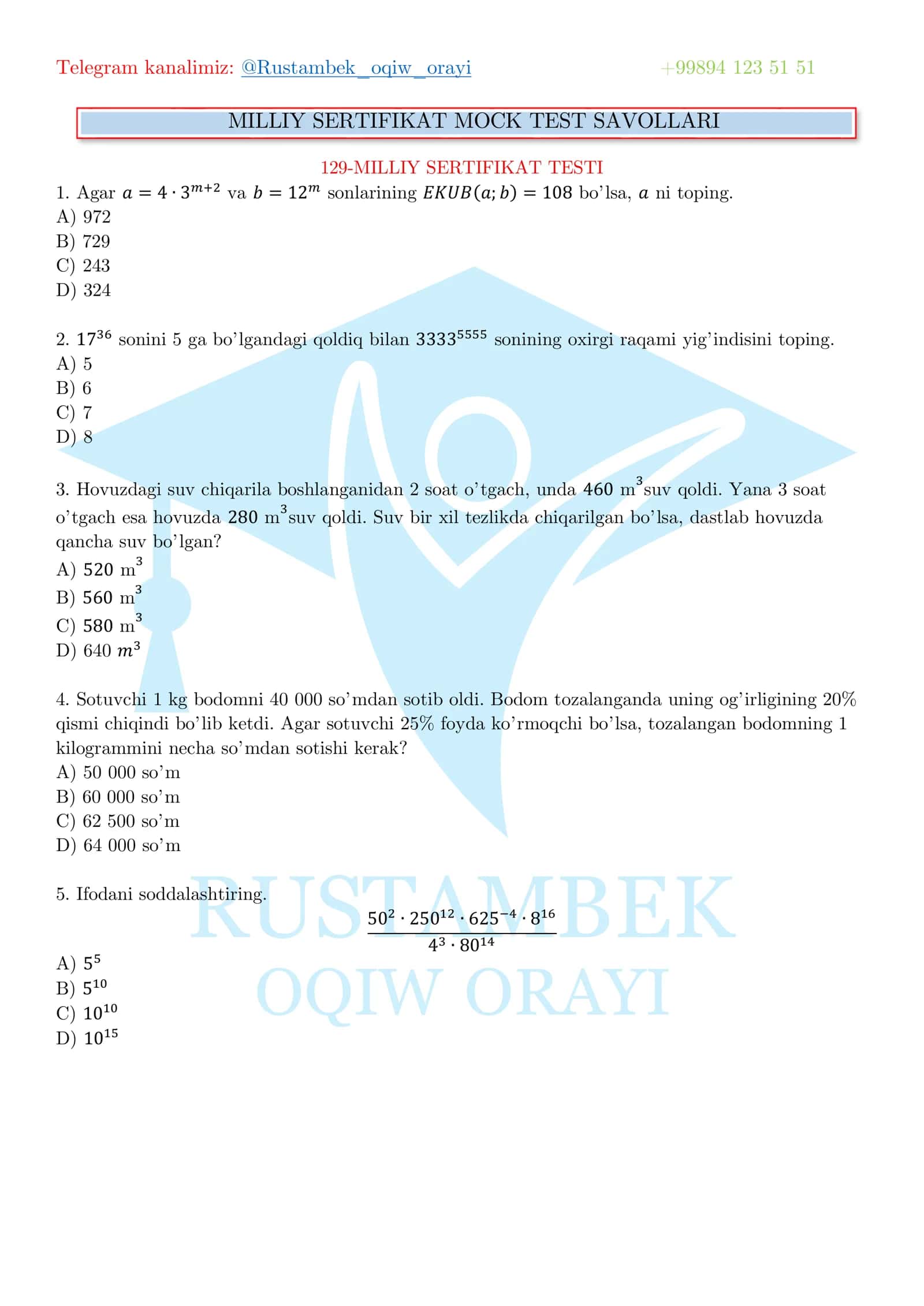 MILLIY SERTIFIKAT MOCK TEST SAVOLLARI