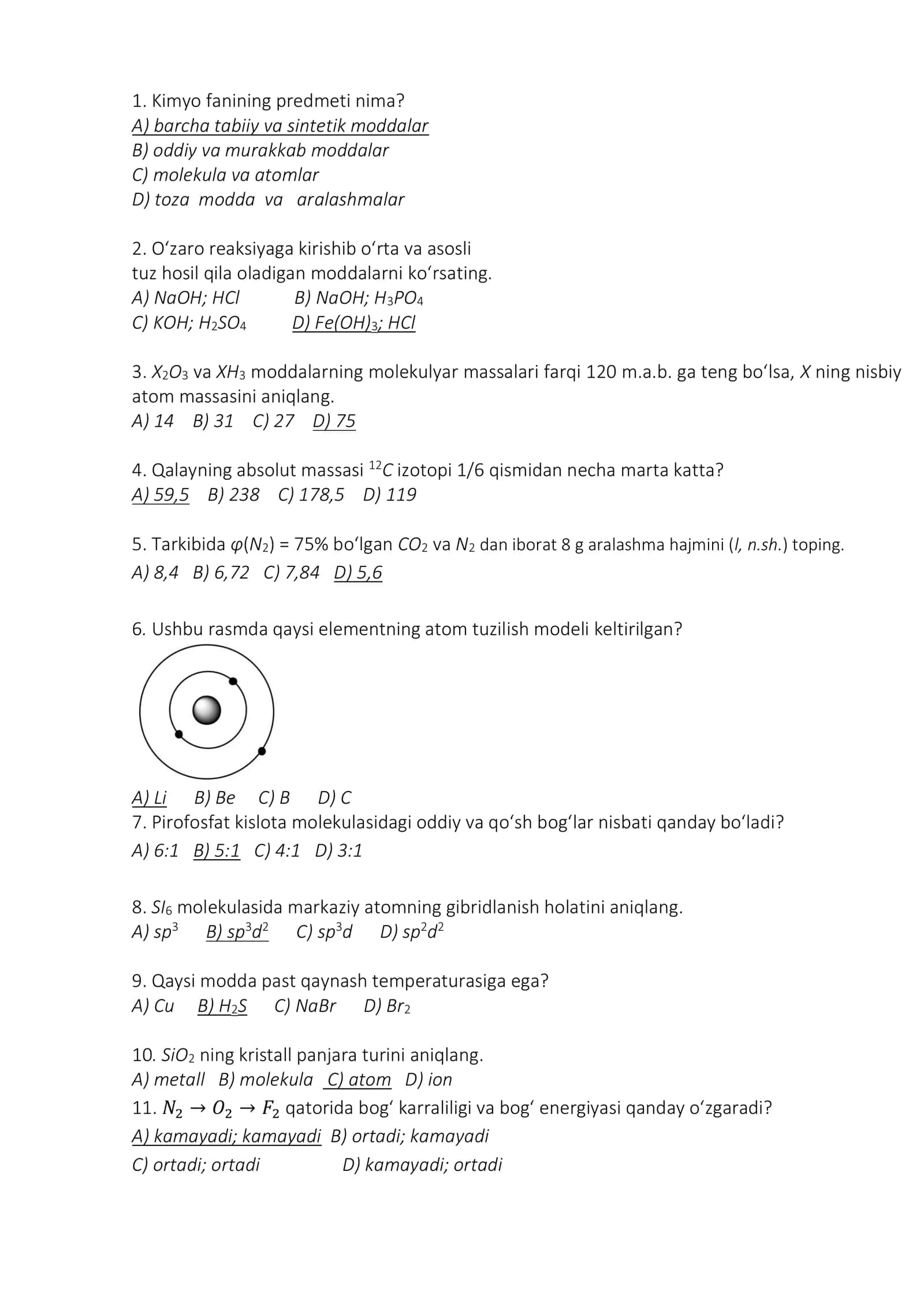 Kimyo fanidan test savol javoblari bilan 2026 yil 1