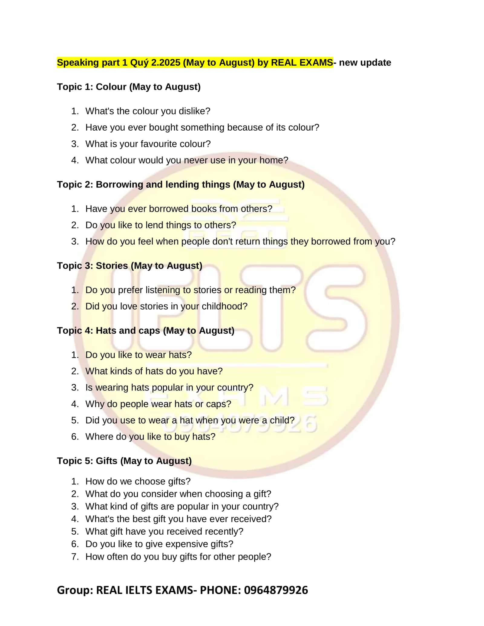 REAL IELTS EXAMS Speaking Part 1 Quý 2.2025 (May to August)